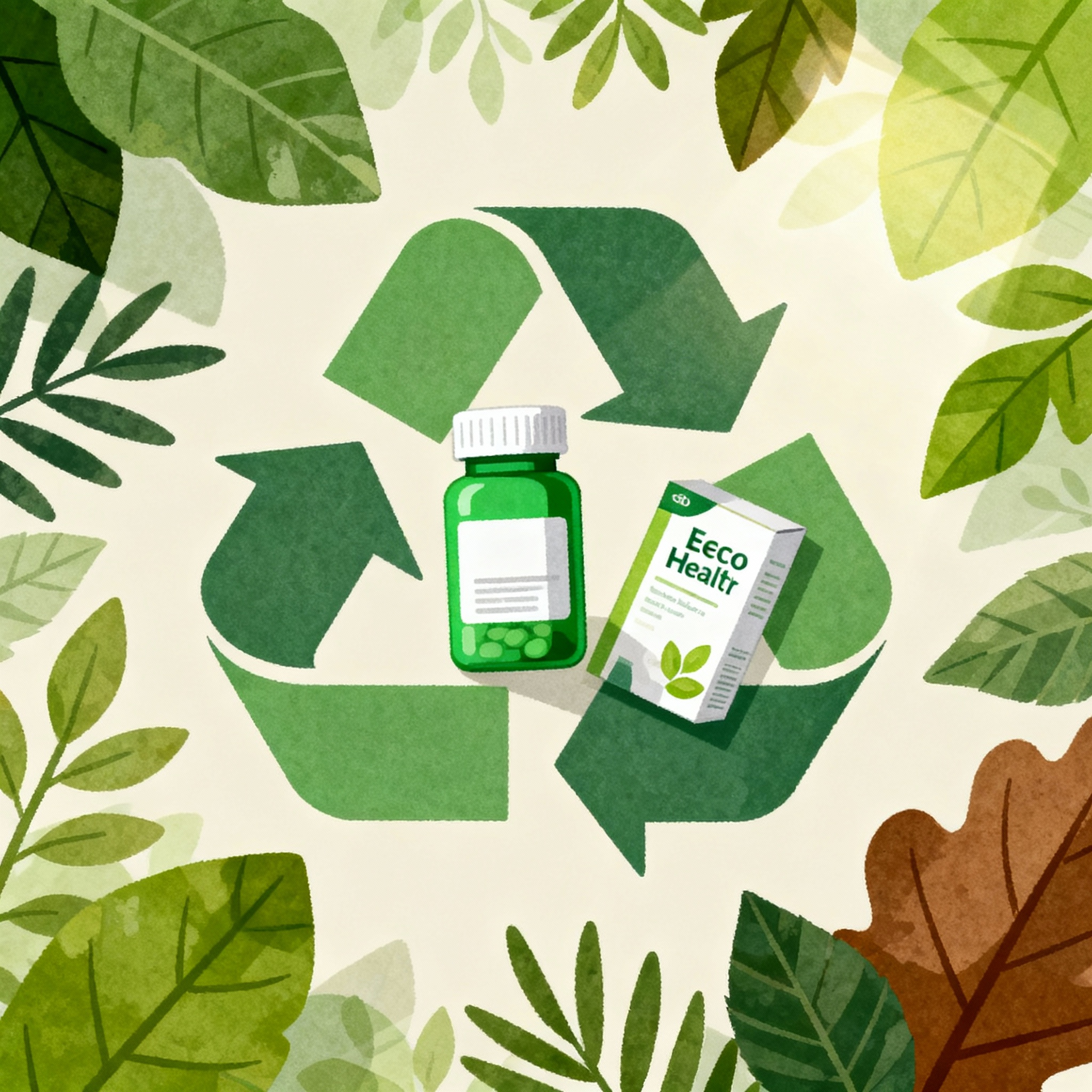Eco-friendly health and green medicine illustration featuring sustainable healthcare symbols, green leaves, and environmental wellness elements