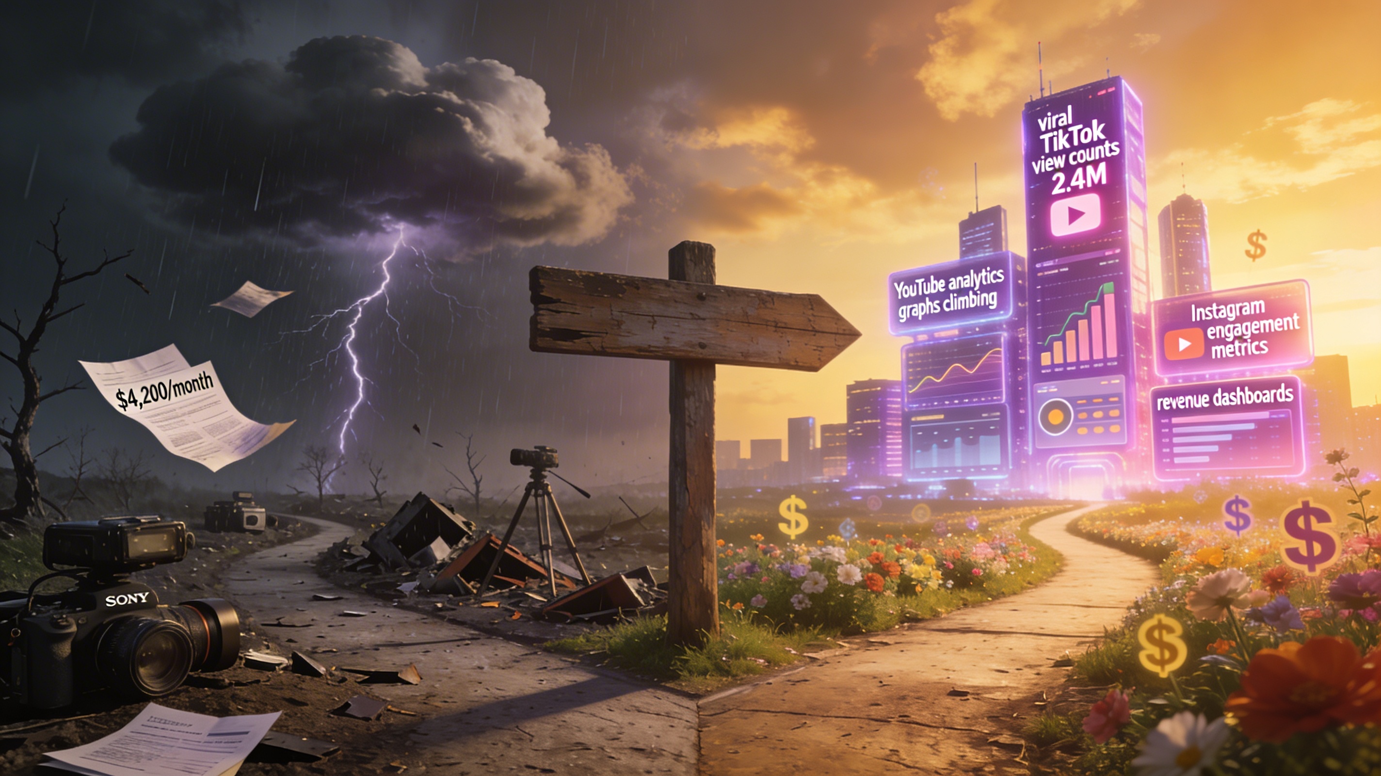 Photorealistic dramatic fork in the road at sunset with weathered signpost, left path leads to dark stormy landscape with broken cameras and unpaid agency invoices scattered, right path leads to bright futuristic city with glowing purple pink holographic screens showing viral video metrics and revenue graphs, golden hour lighting, cinematic photography