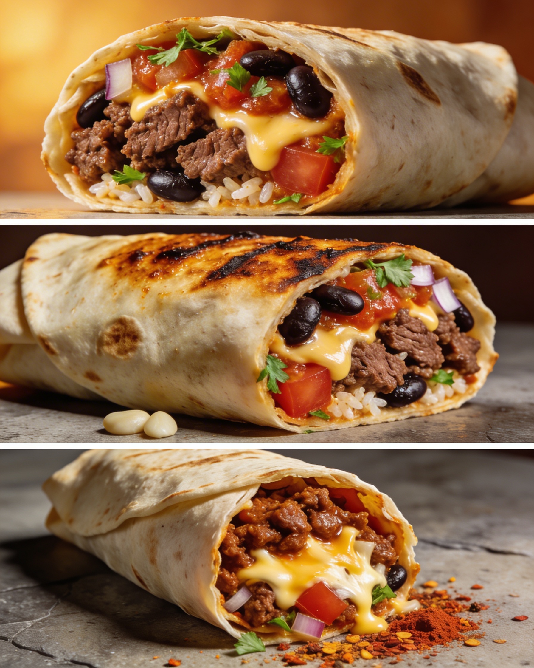 Фотореалистичный мясной буррито в разрезе с говядиной, сыром, фасолью и сальсой