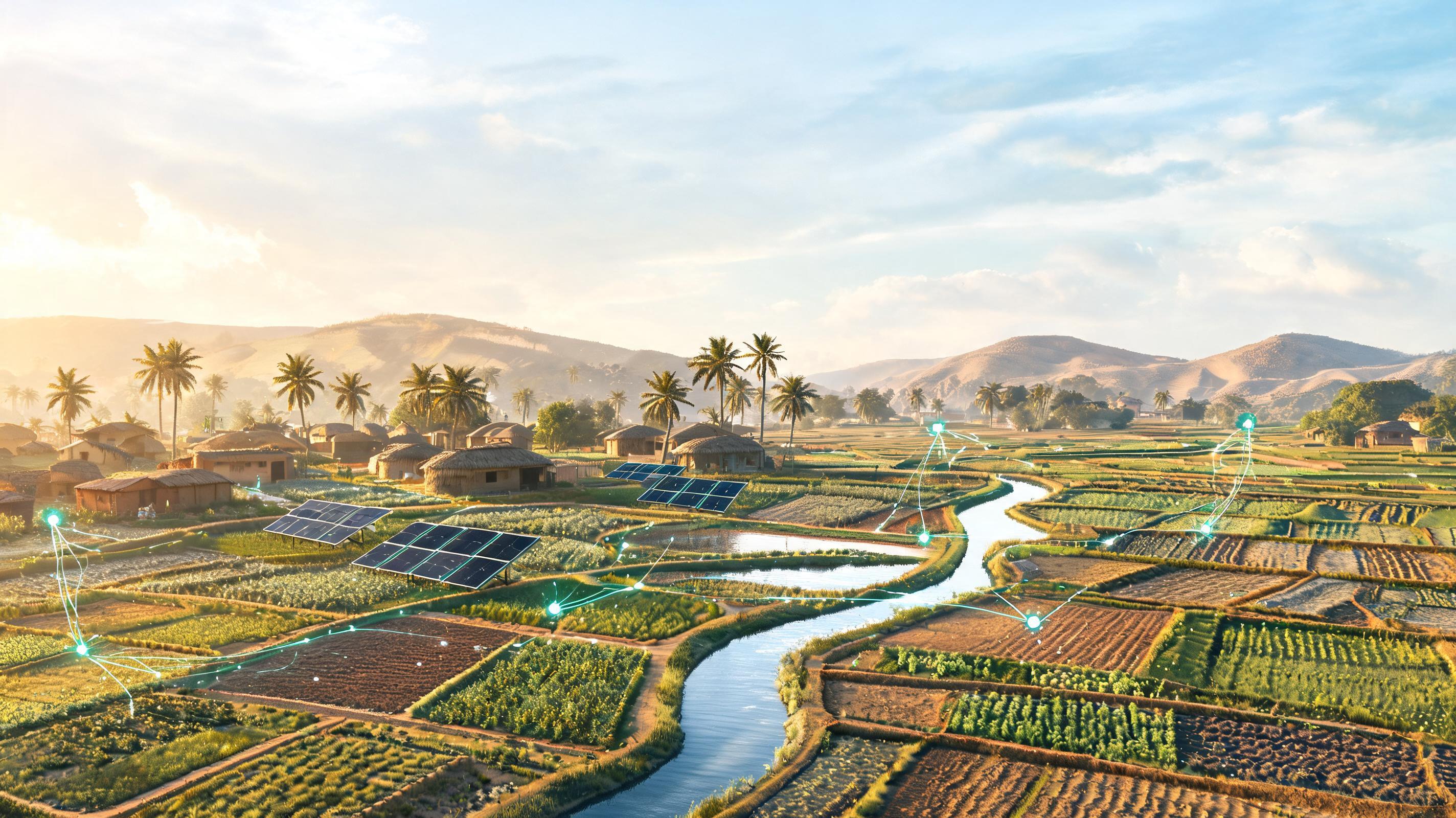 Stylized illustration of Indian farms with solar panels and irrigation