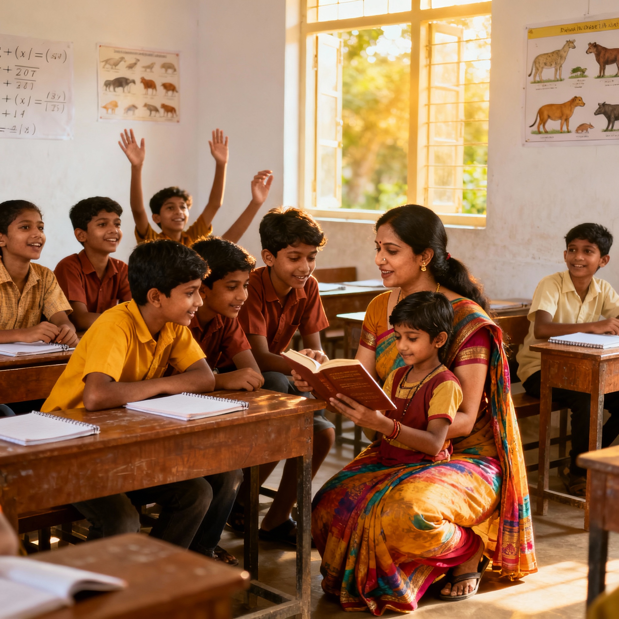Indian classroom with teacher engaging students, highlighting human connection