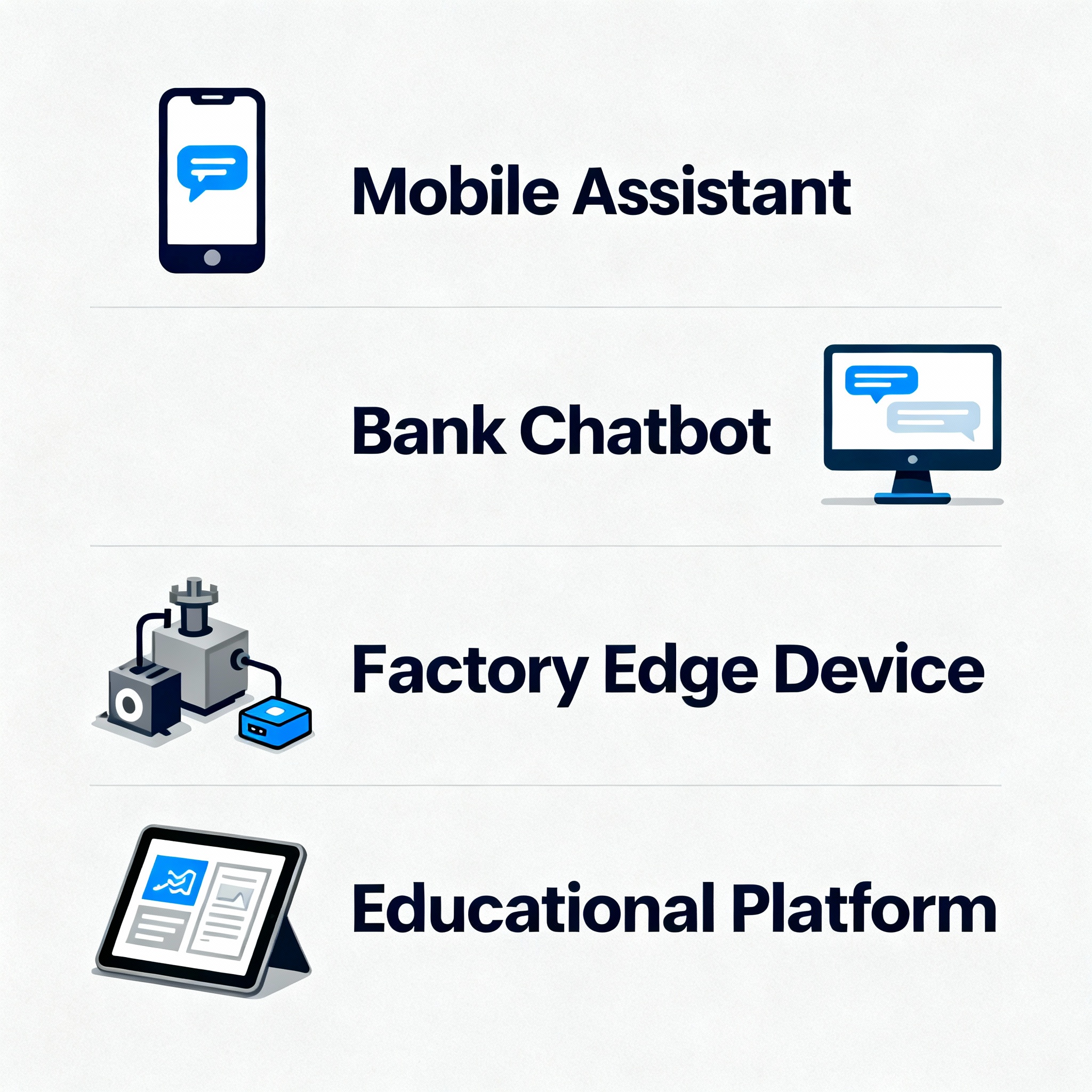 Collage showing real-world applications of SLMs including a smartphone assistant, a banking chatbot, an edge device in a factory, and an educational platform
