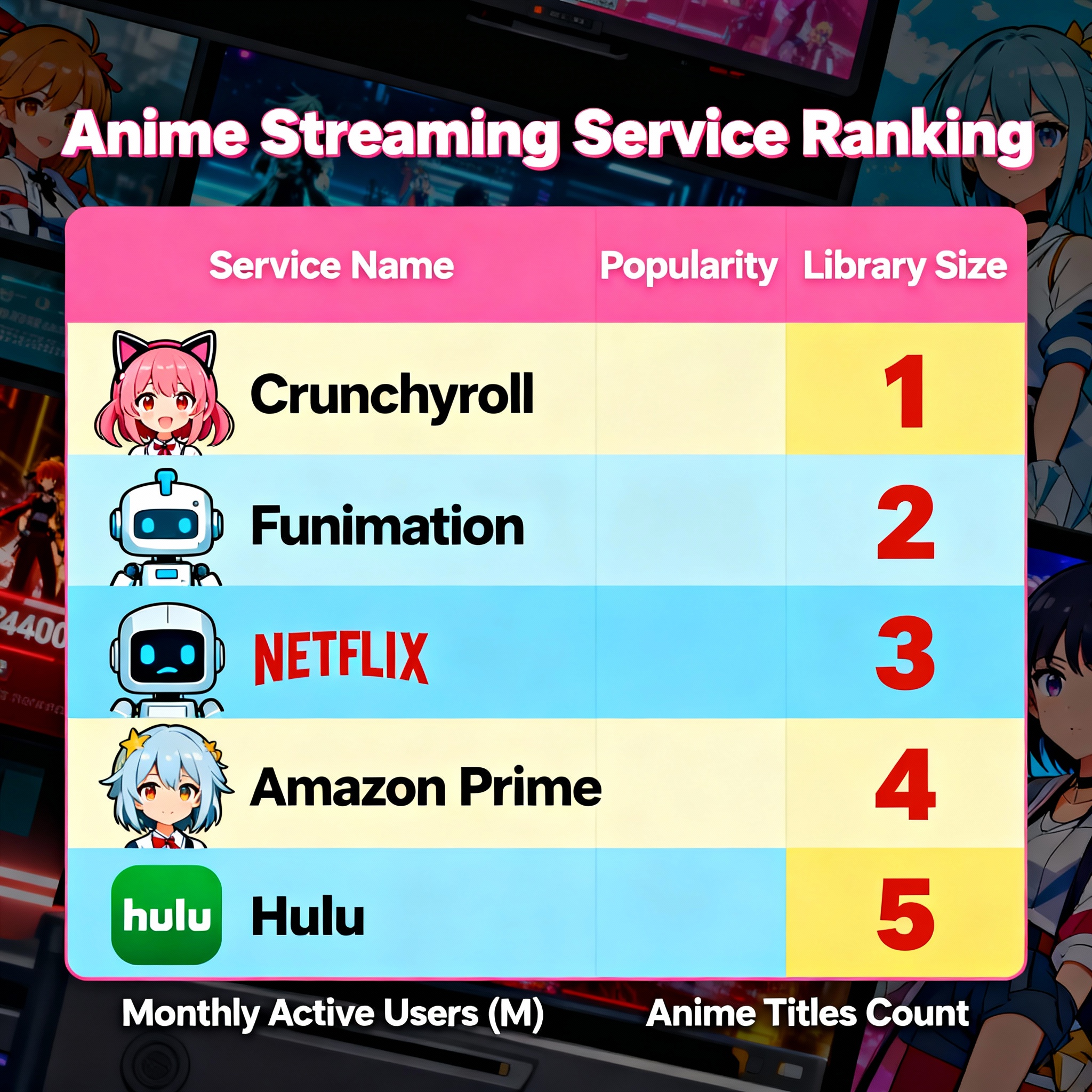 Anime streaming ranking illustration with service icons, purpose categories, and ranking graphics at 640x480px.