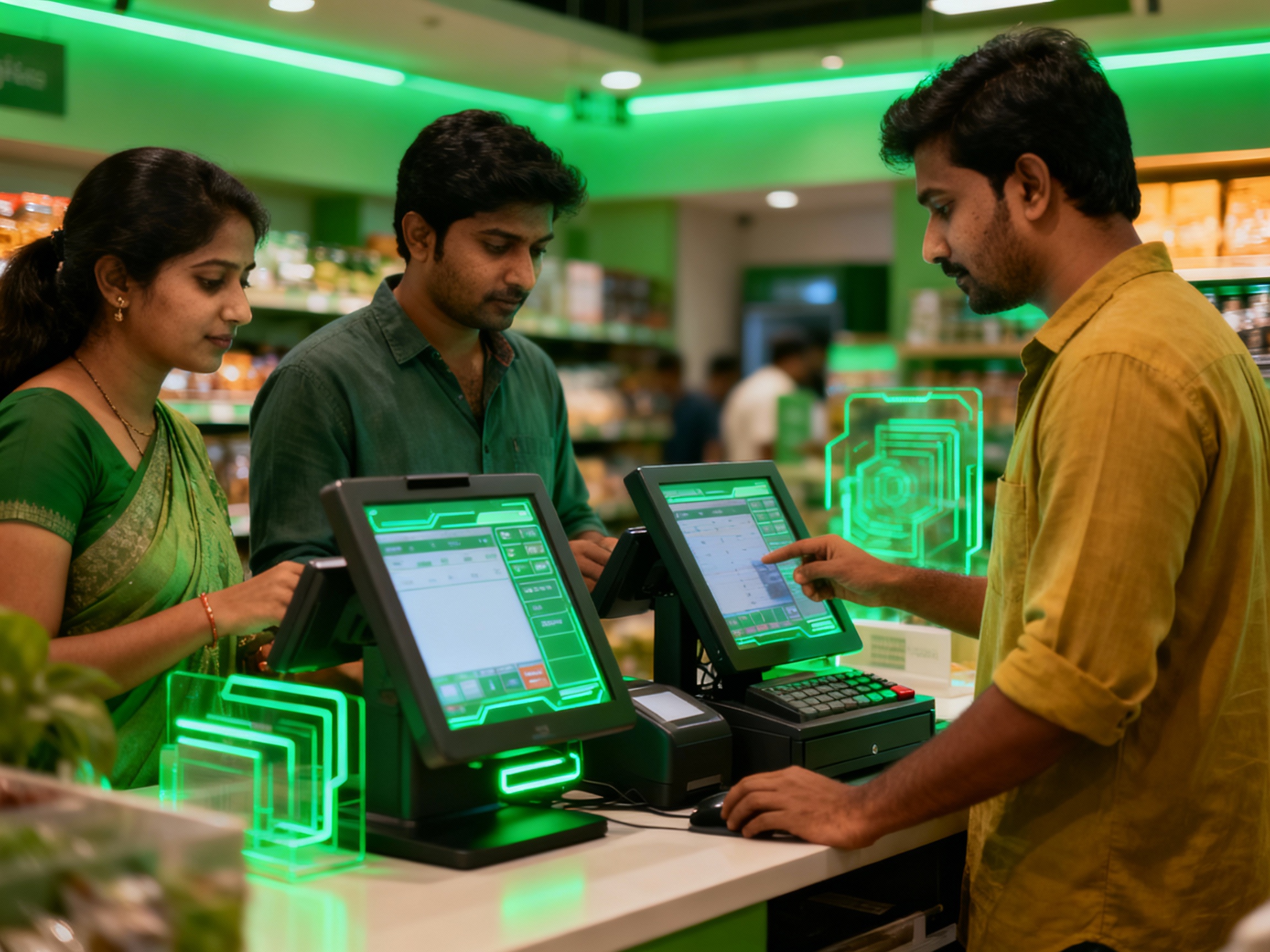 Retail store with customers and digital point of sale