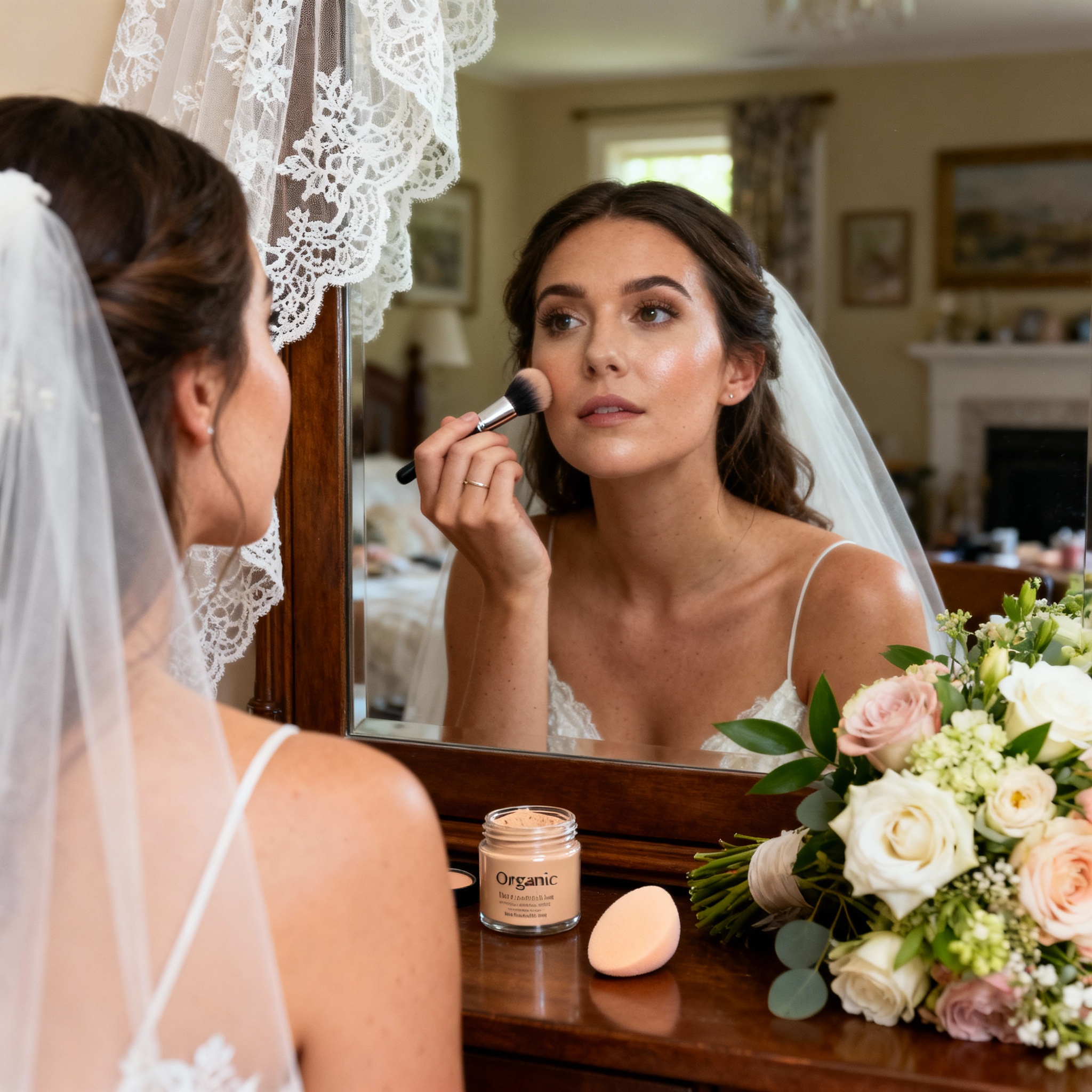Bride applying DIY natural makeup