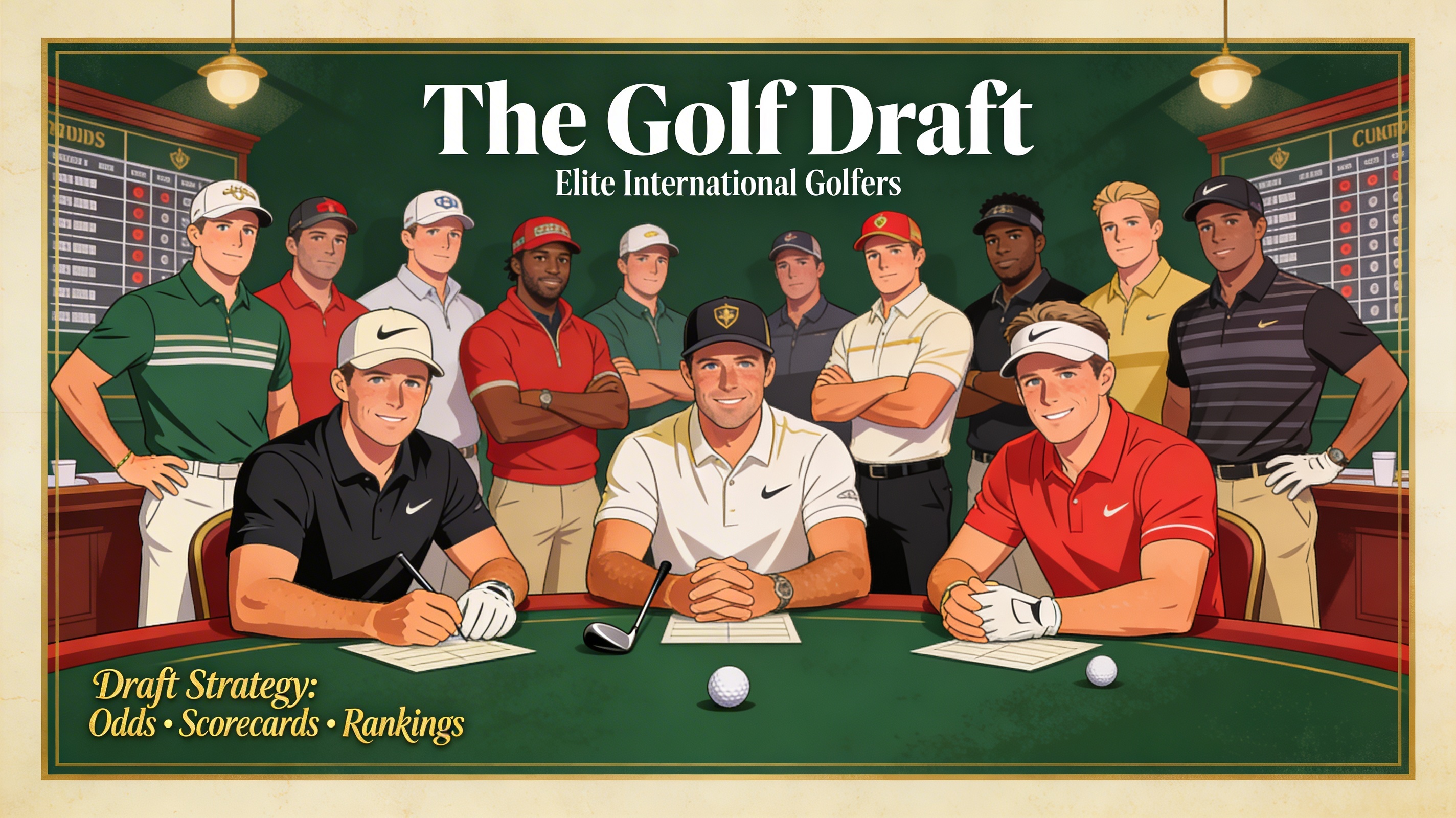 Cartoon-style elite golfers gathered in a premium retro-modern draft room