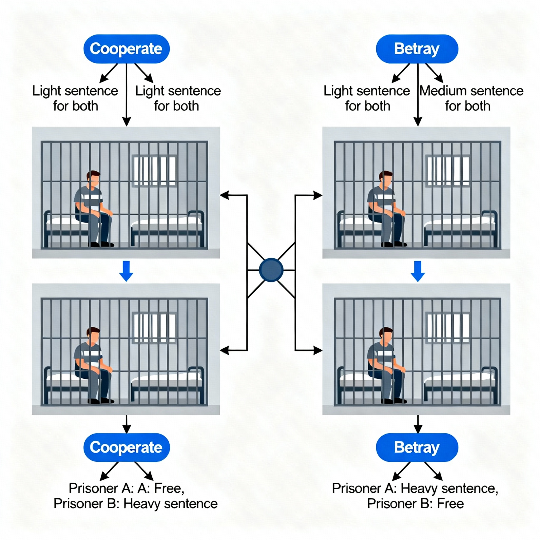 Classic prisoner's dilemma scenario showing strategic decision-making