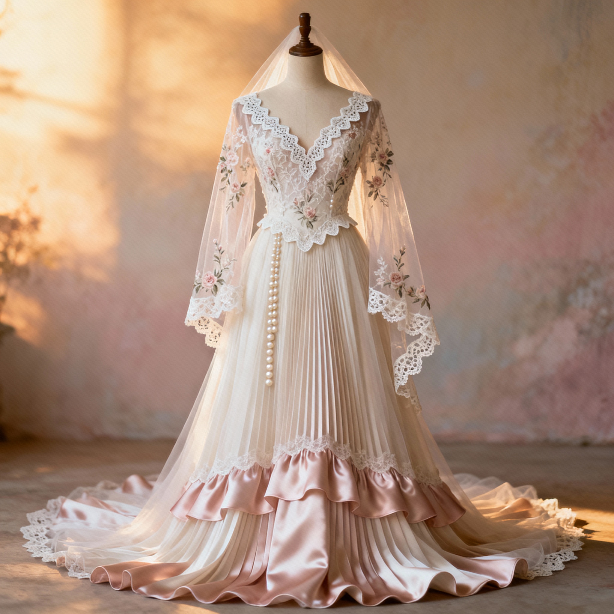 Romantic vintage bridal gown with lace and pleats