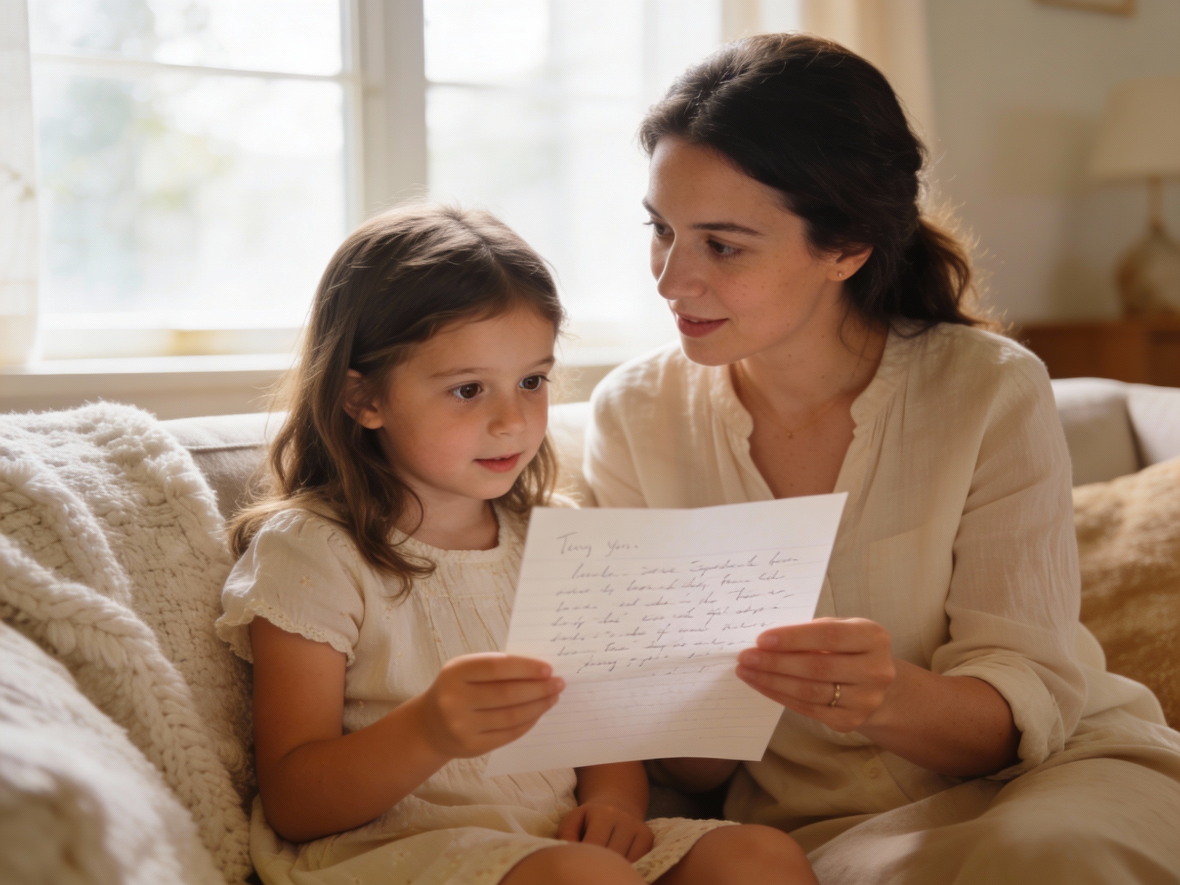 Mère et fille lisant une lettre