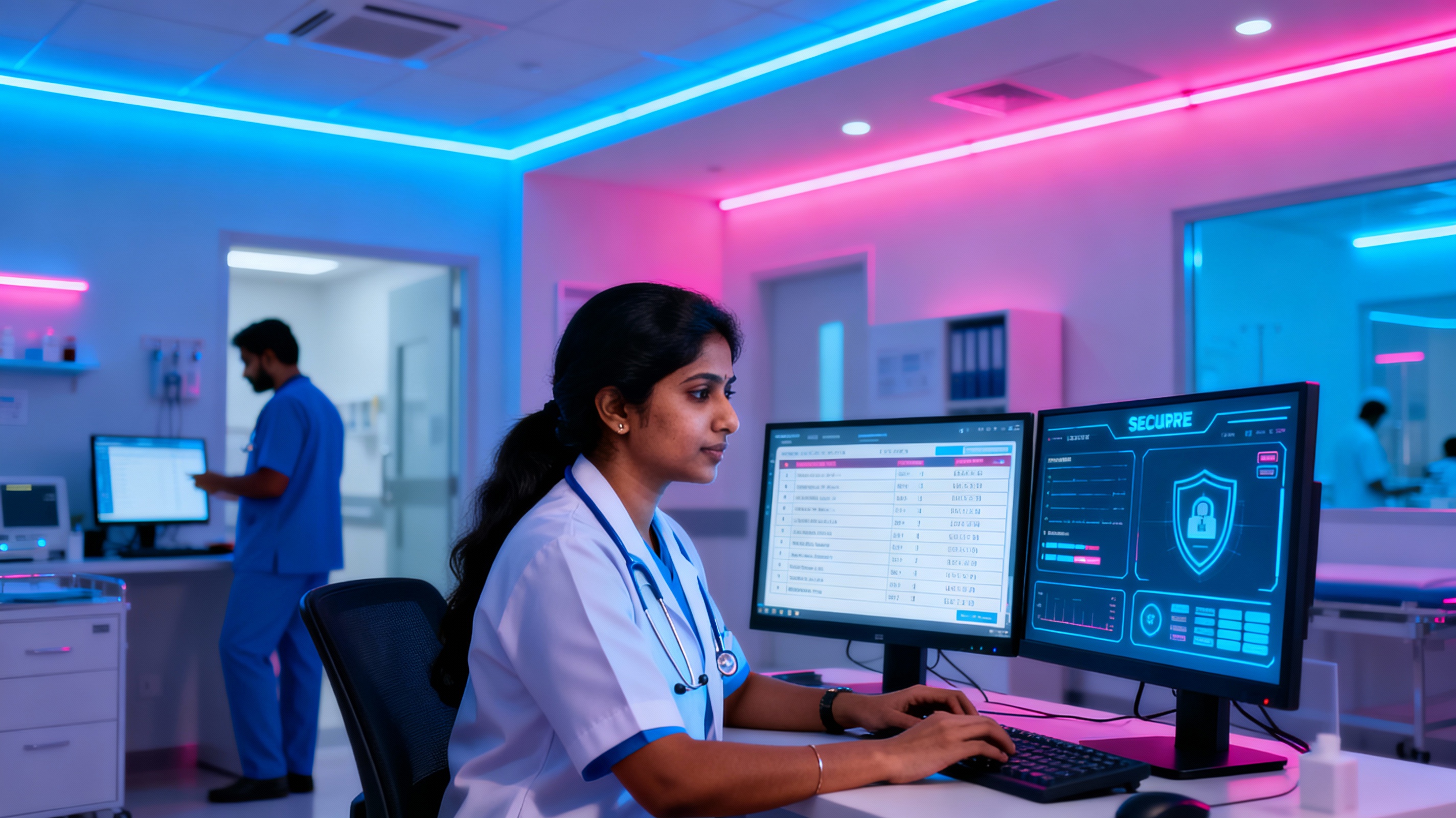 Healthcare staff using secure IT systems at a clinic