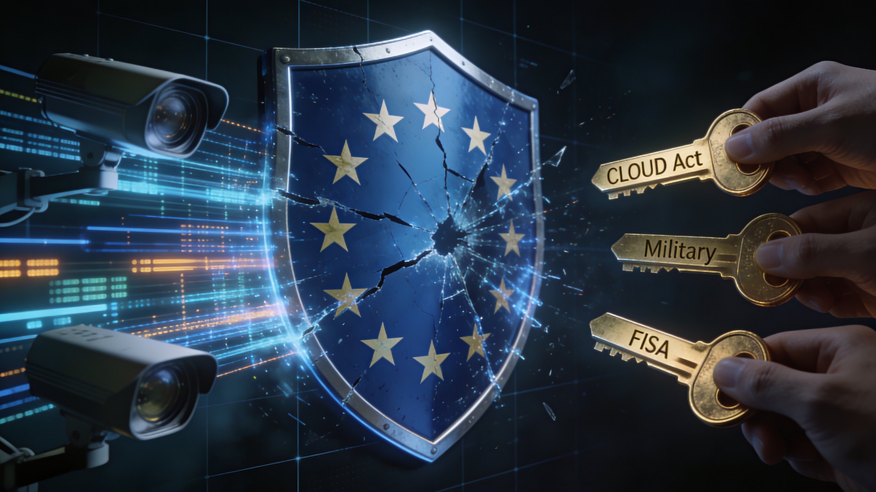 Fractured EU shield dissolving into surveillance data streams