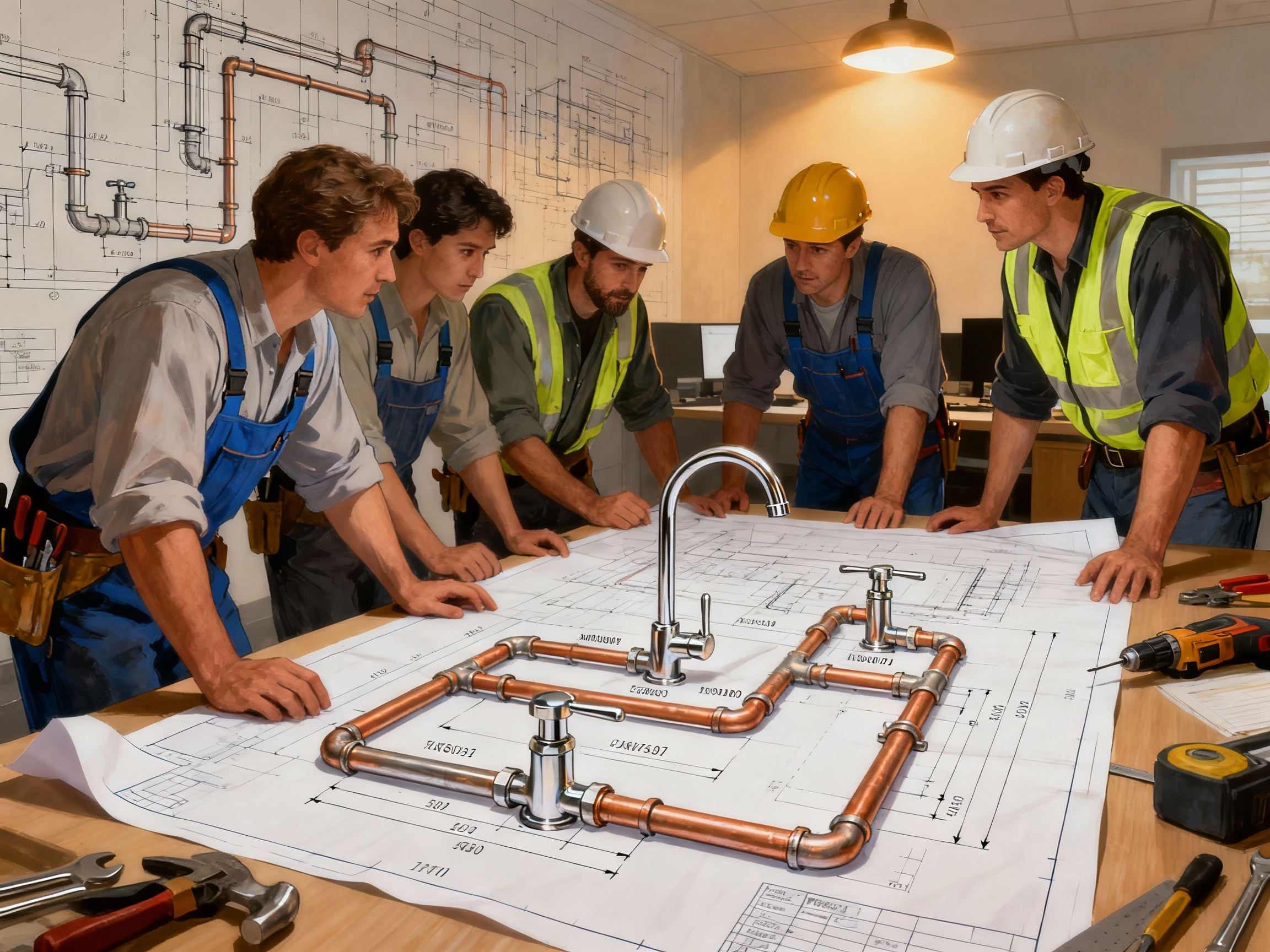 Team of professional plumbers reviewing project plans