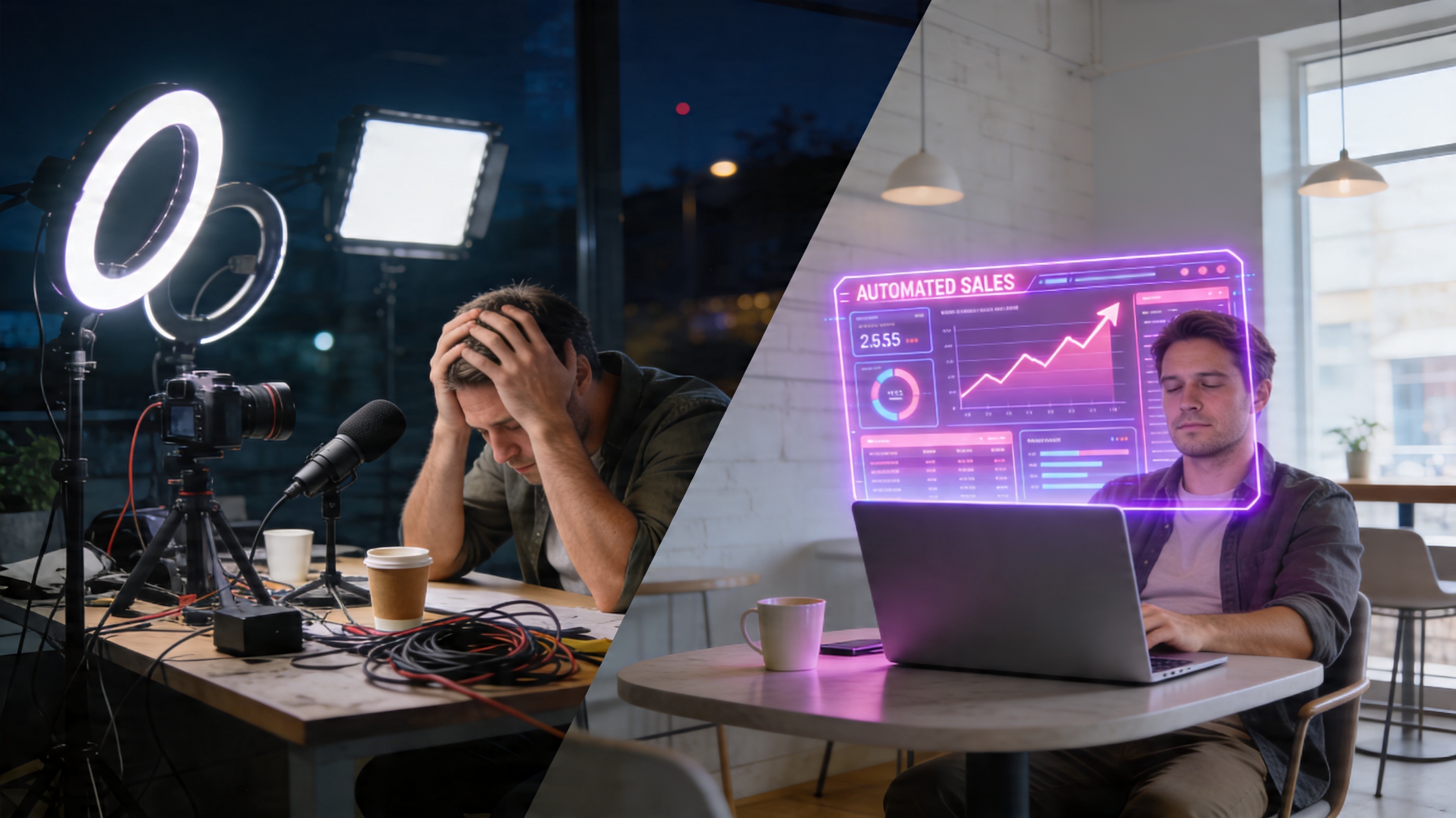 Cinematic split-screen comparison showing a stressed American course creator at a messy desk at night surrounded by cameras, ring lights, and coffee cups, contrasted with a calm creator in a modern cafe viewing a glowing automated sales dashboard on a laptop.