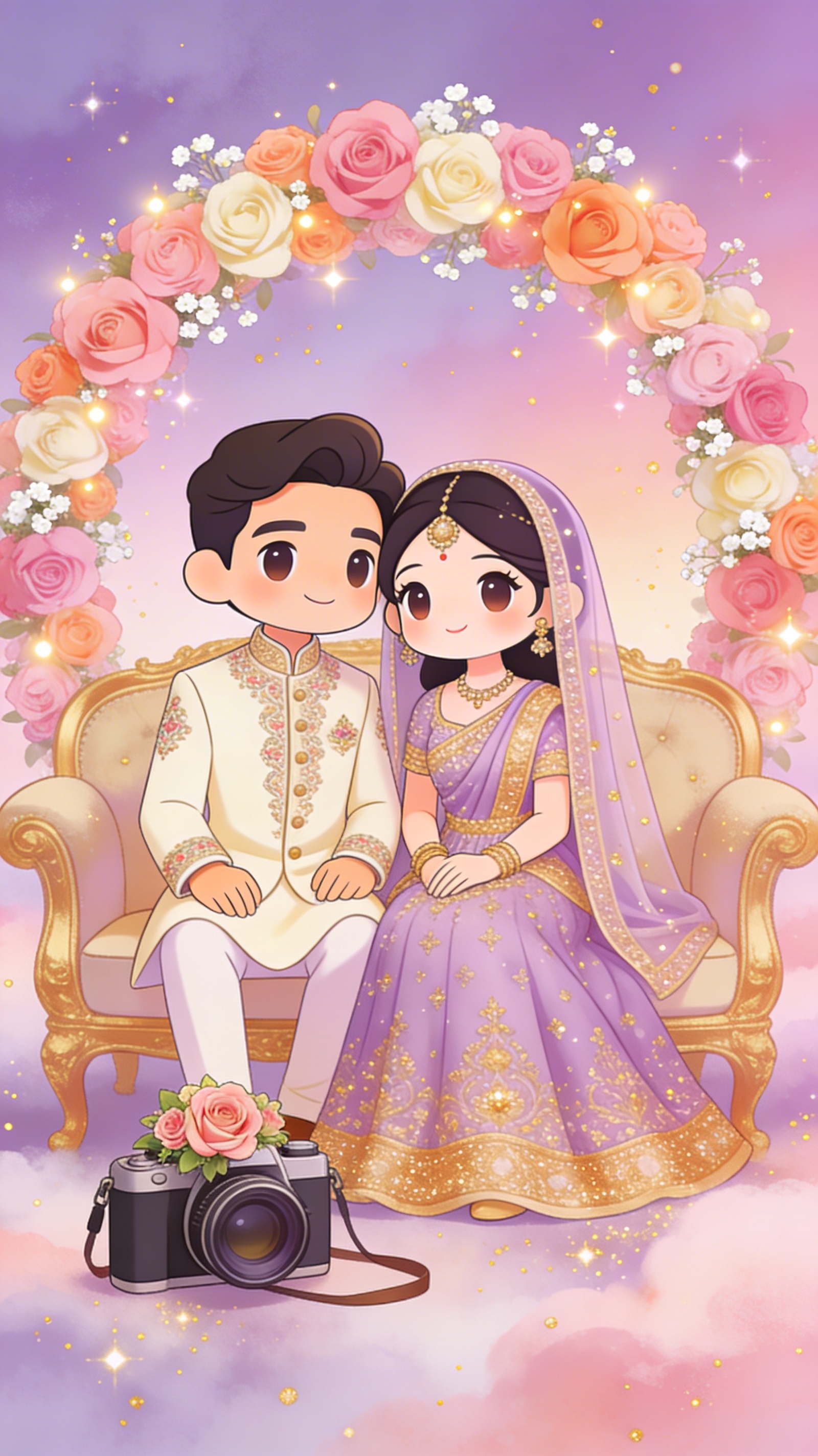 Farhan and Hira — illustrated wedding couple seated beneath a floral arch