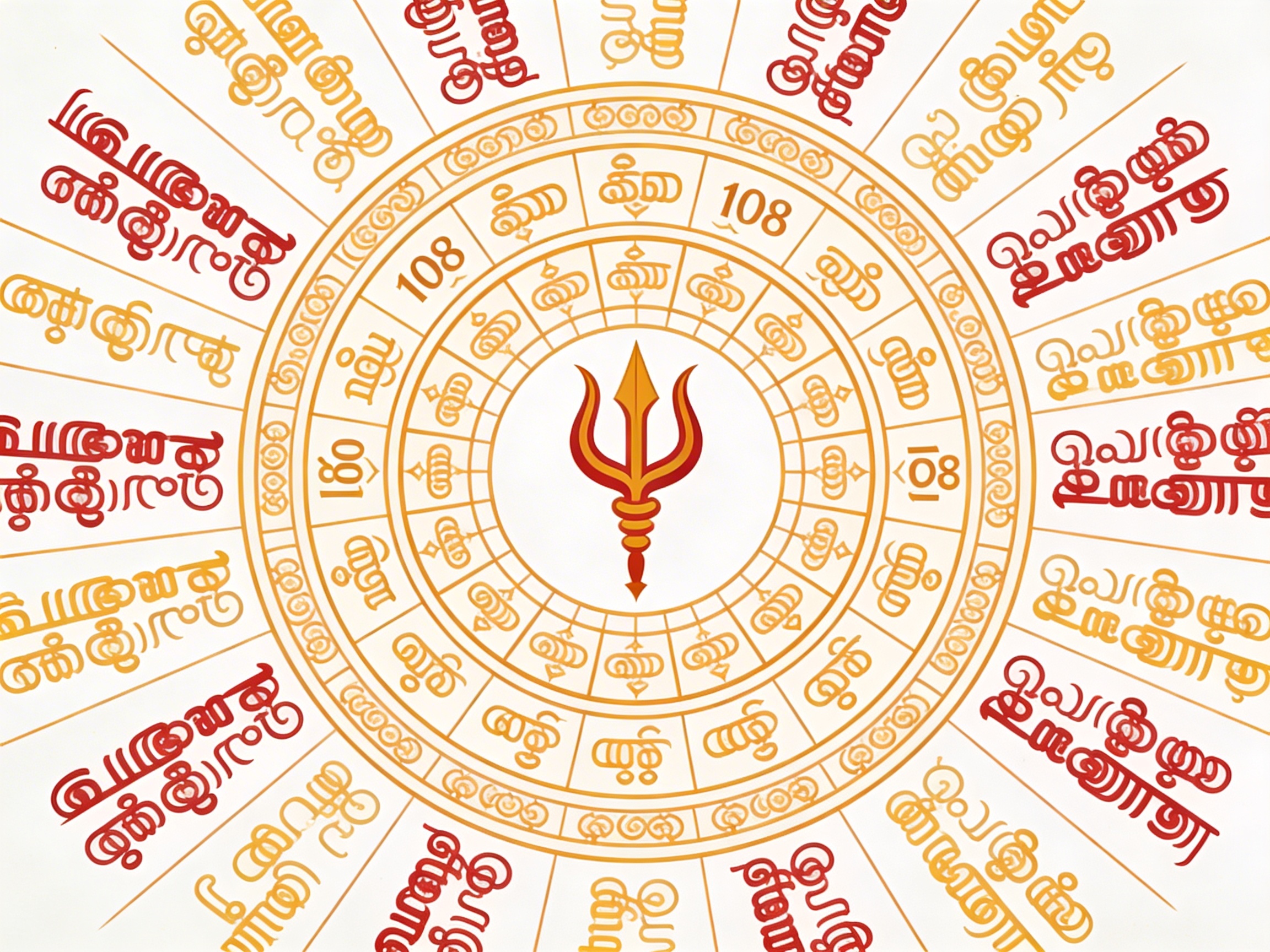 108 names of Lord Murugan arranged in a sacred mandala pattern radiating from a Vel symbol, illustrated in the style of a South Indian manuscript yantra