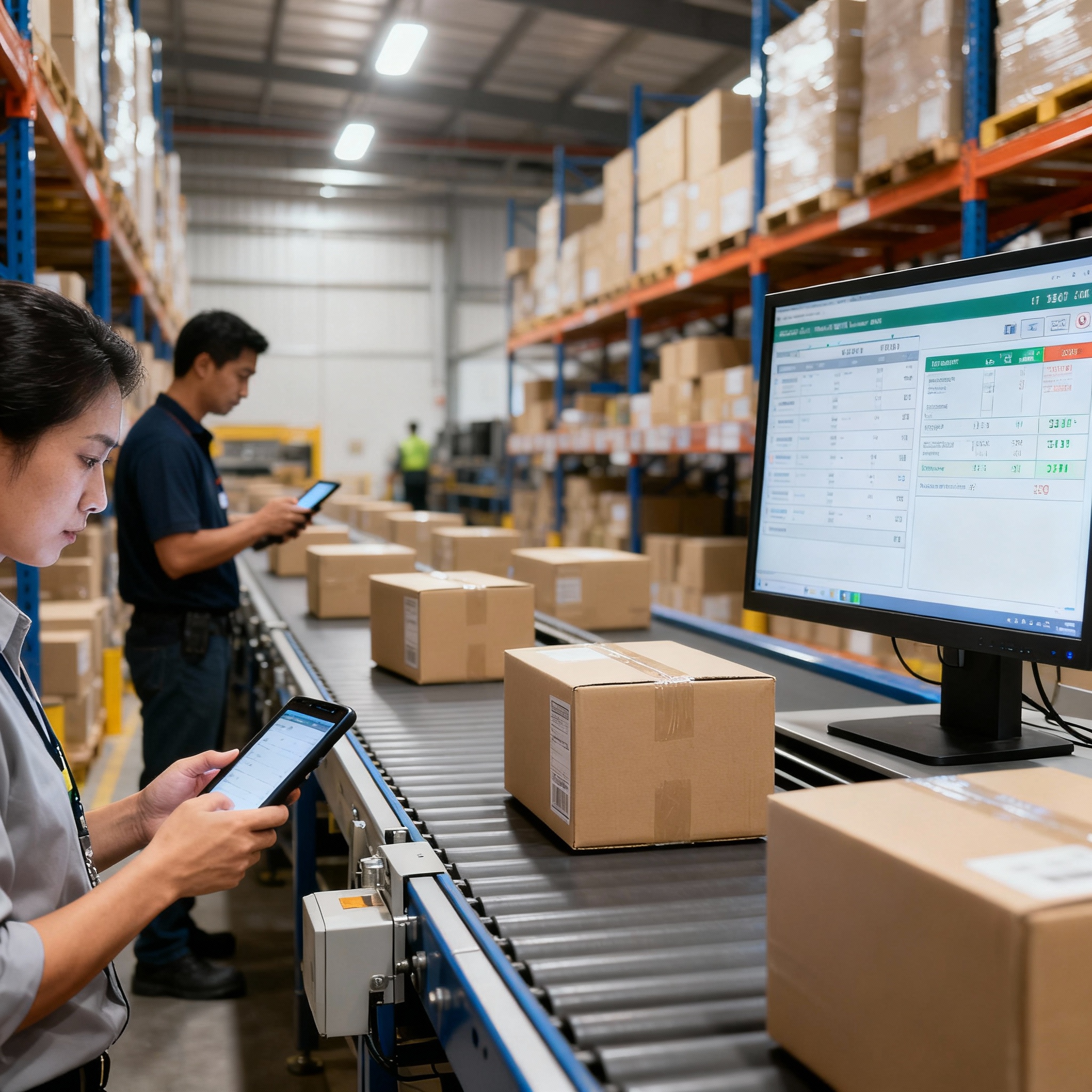 Effiziente Logistik für B2B mit der Versandplattform Shipstage und UPS-Versandintegration 1 Realistic image of a logistics warehouse with generic shipping boxes and digital shipping management, no logos