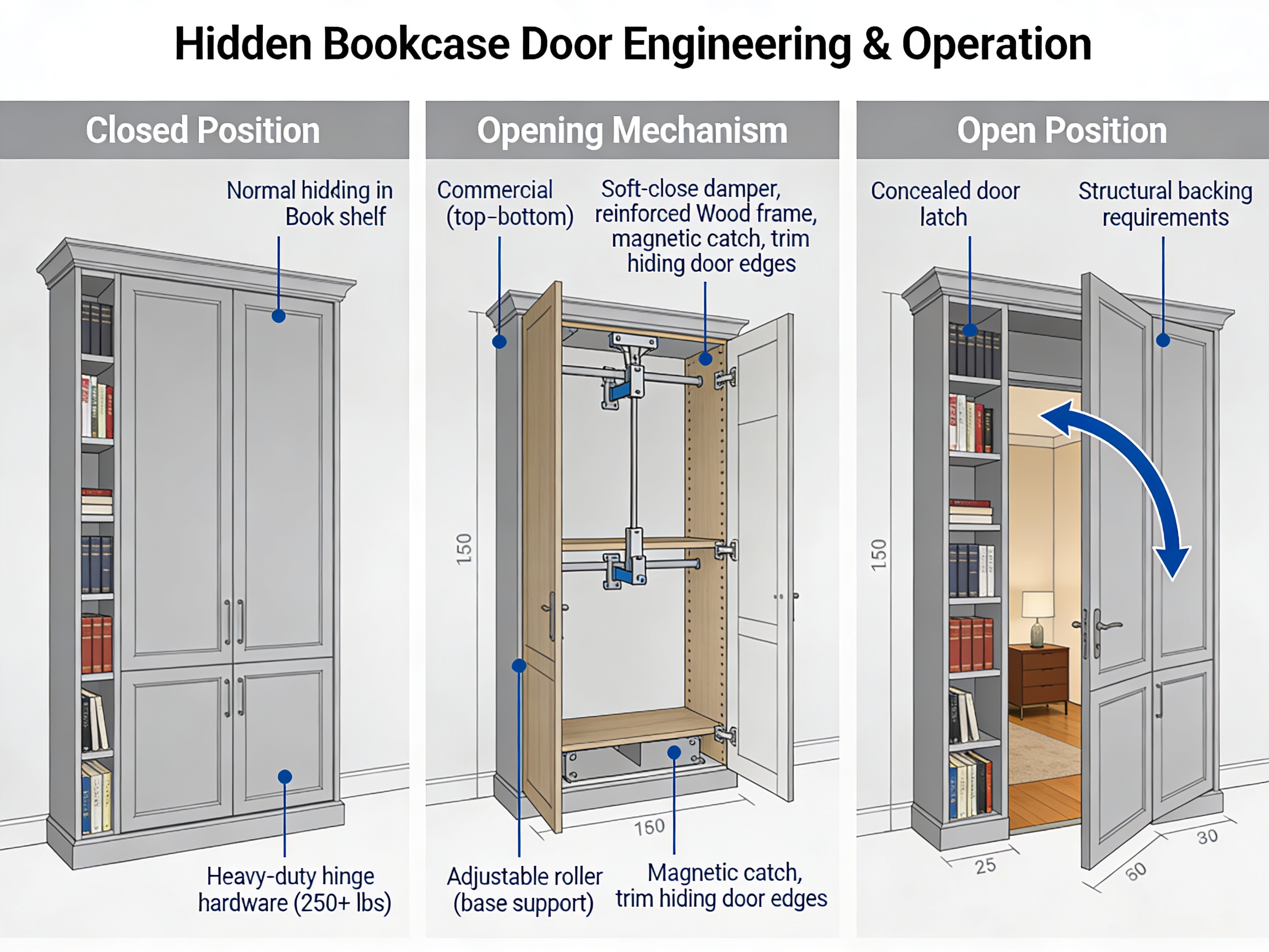 Technical diagram showing hidden bookcase door mechanics including murphy door hinges soft-close system and structural engineering in charlotte nc