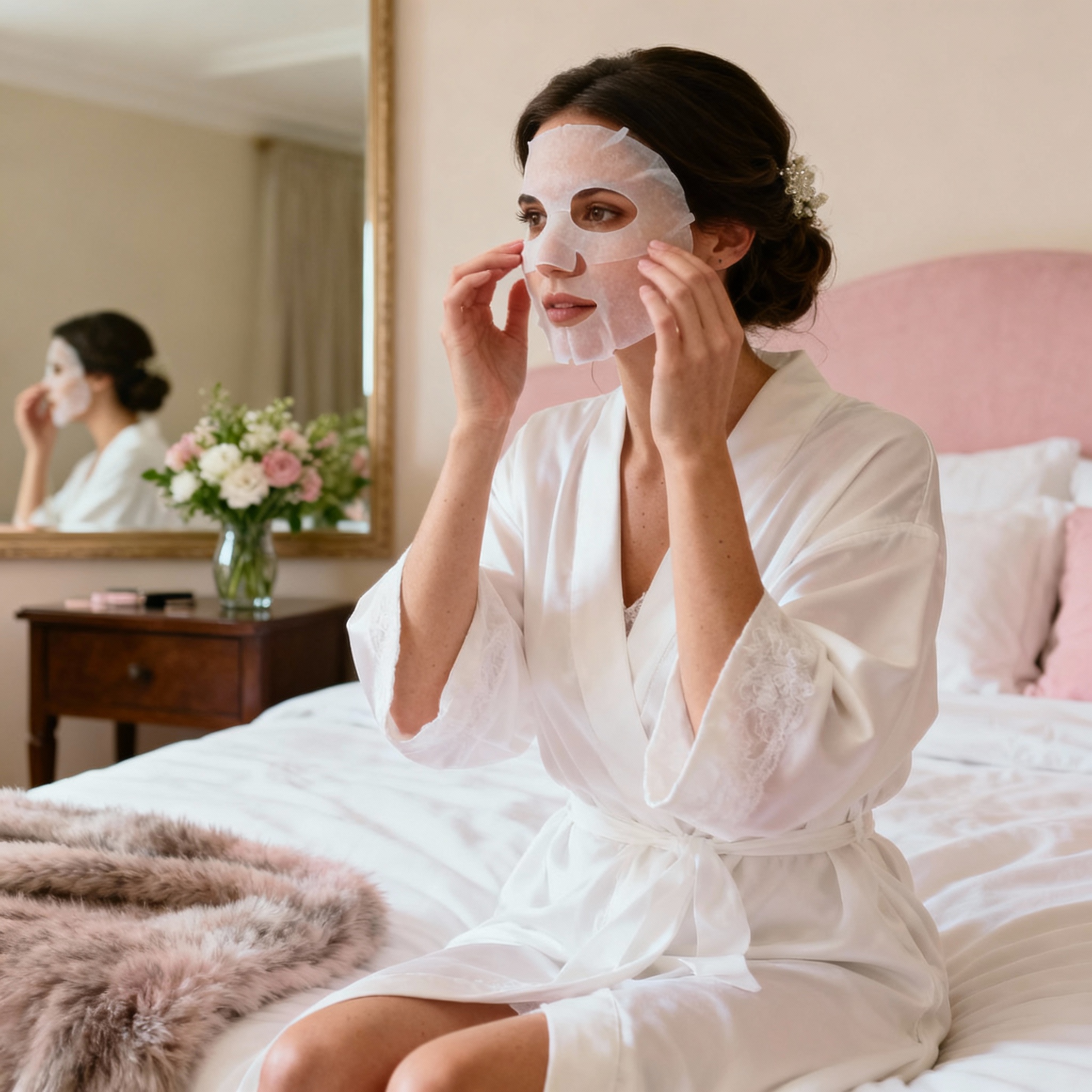 Bride preparing skin with gentle mask in bedroom before wedding