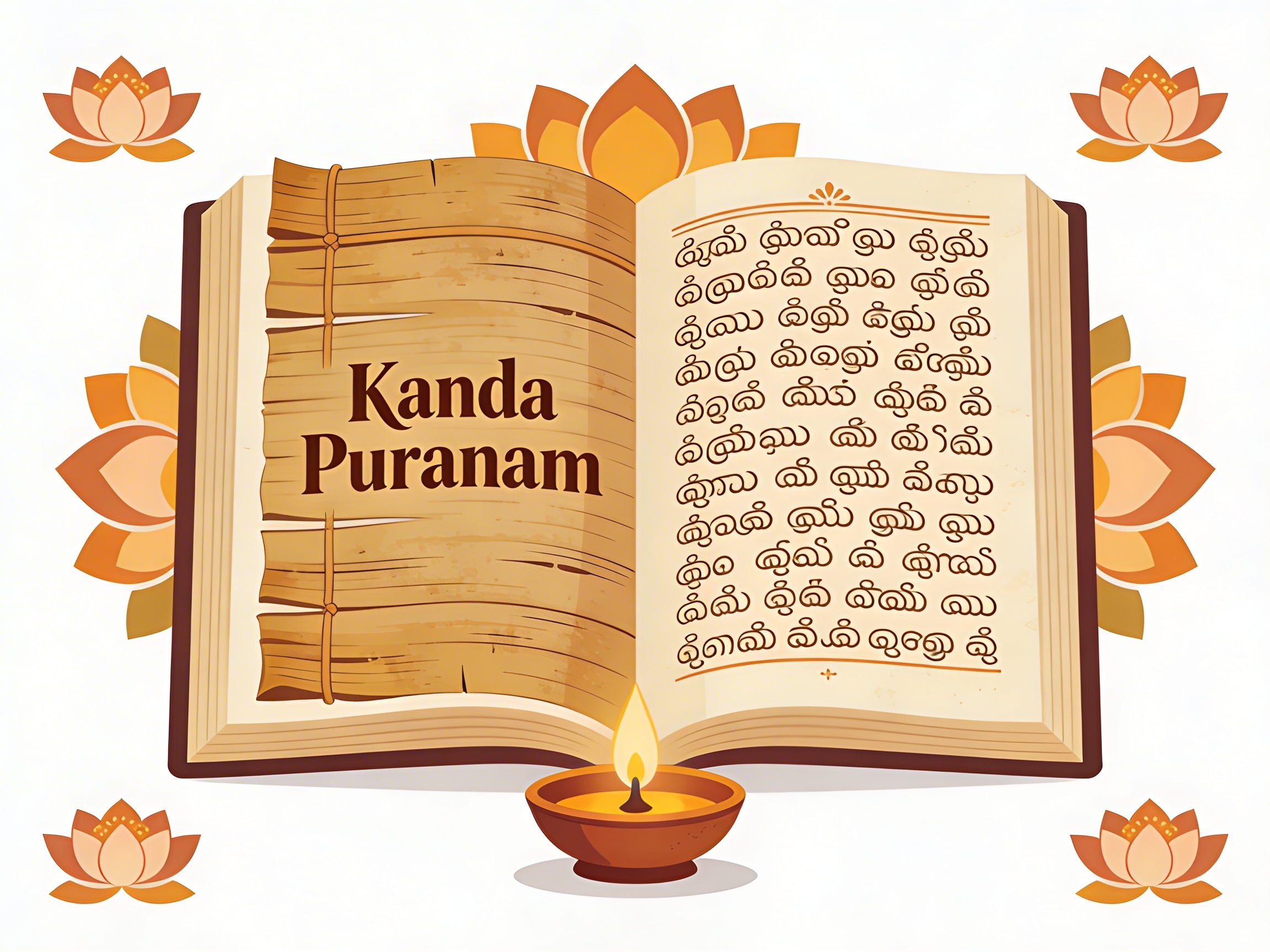 Ancient Tamil palm leaf manuscript of the Kanda Puranam with decorative lotus motifs and an oil lamp, illustrated in warm devotional style