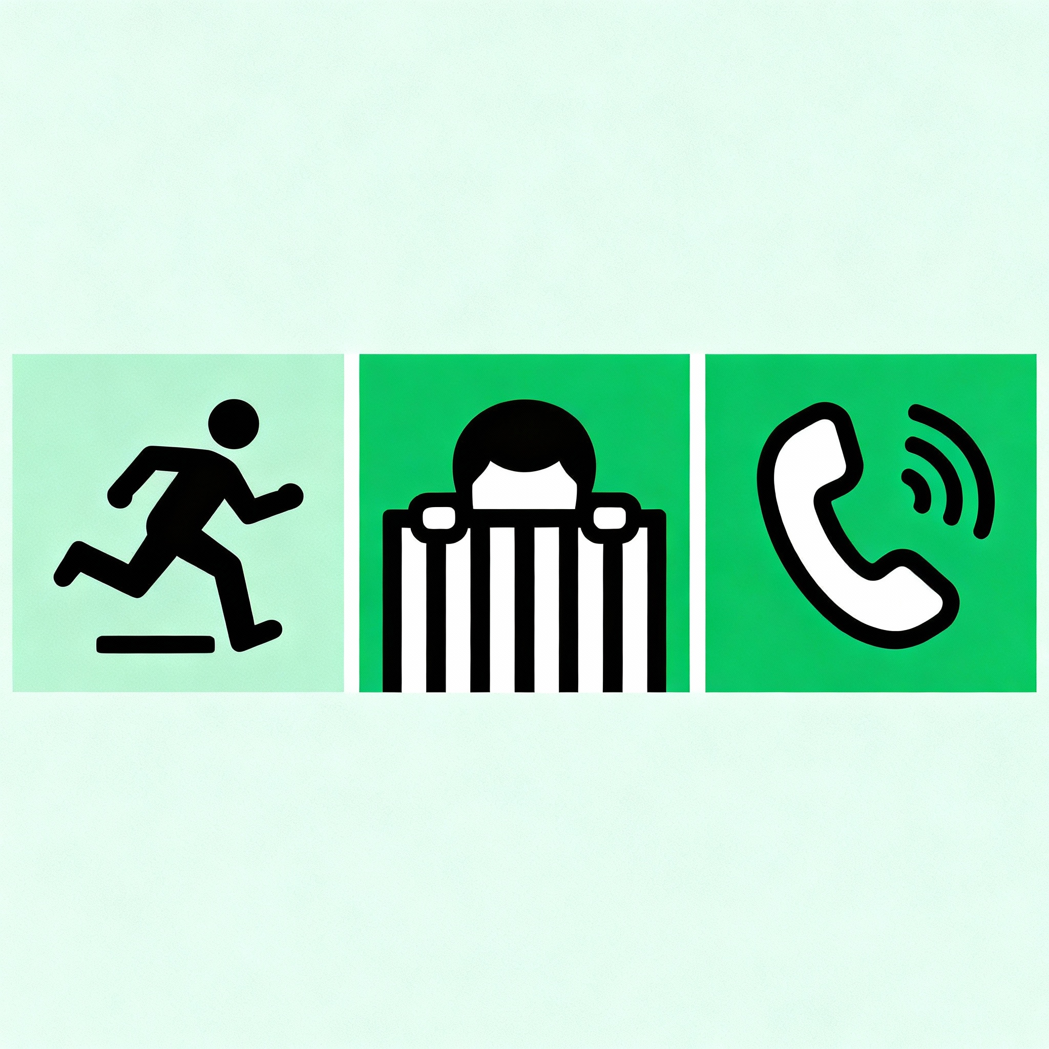Logo-style image divided into three parts: escape, hide, tell, bold icons, no text