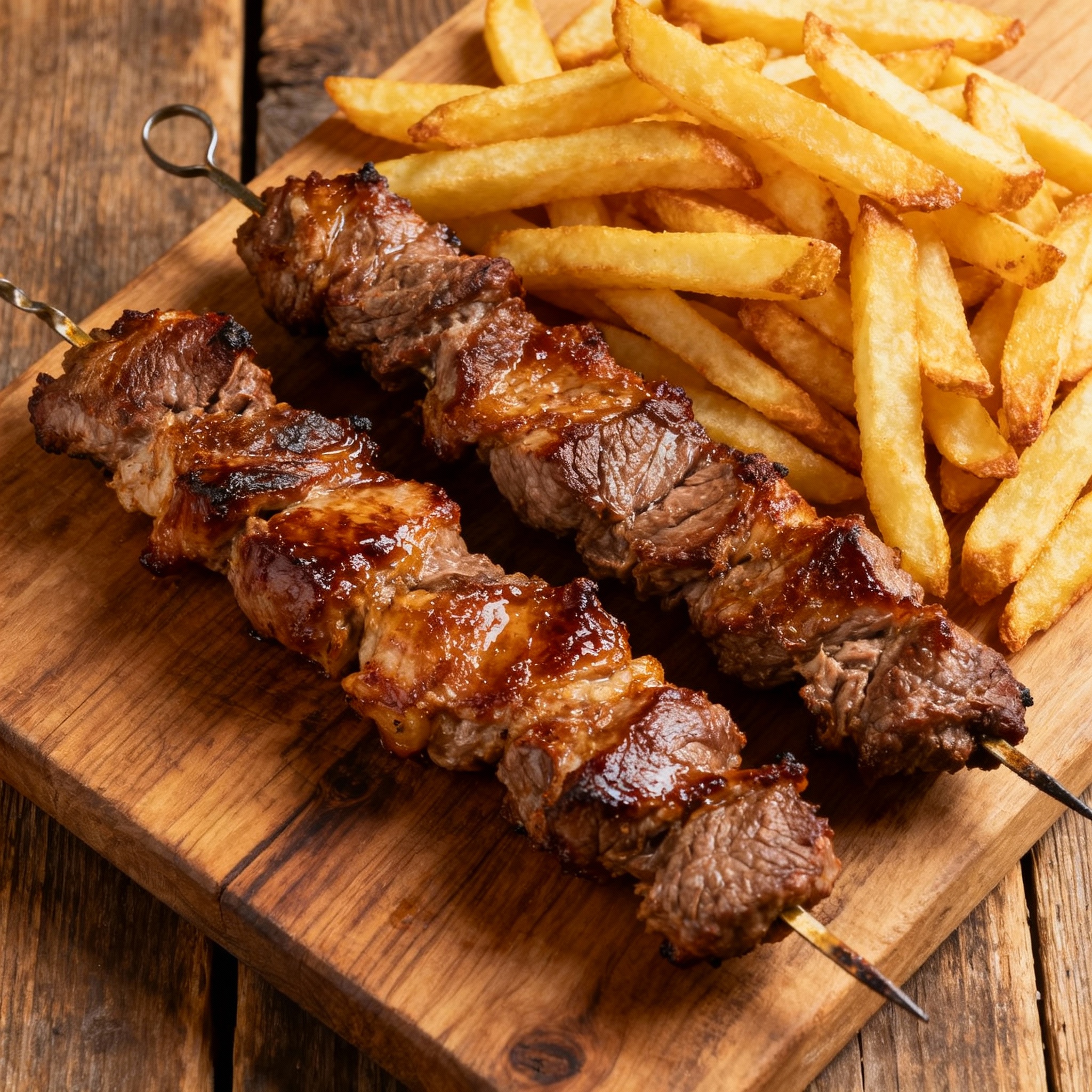 Spiedo tradizionale con patate fritte dorate
