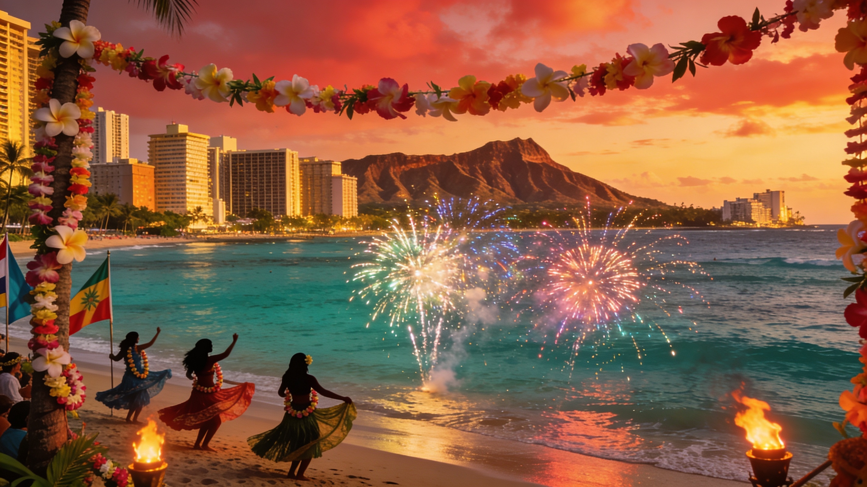 Waikiki fireworks, hula performers, and tropical sunset panorama