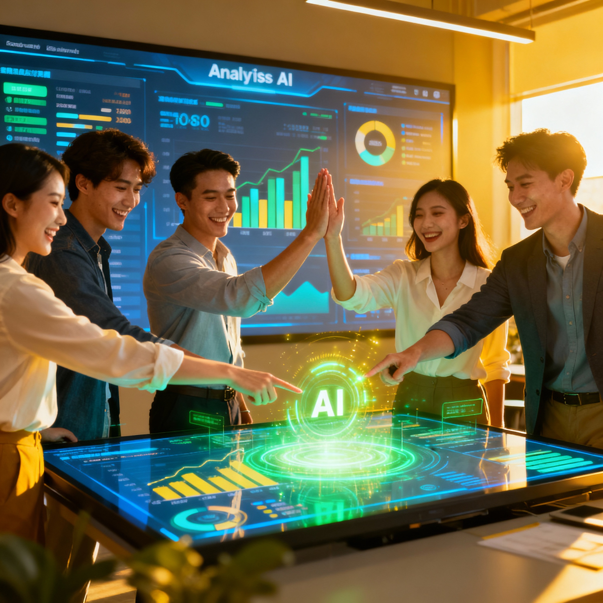 Happy young professionals celebrating financial success while viewing an AI-powered data analytics dashboard.