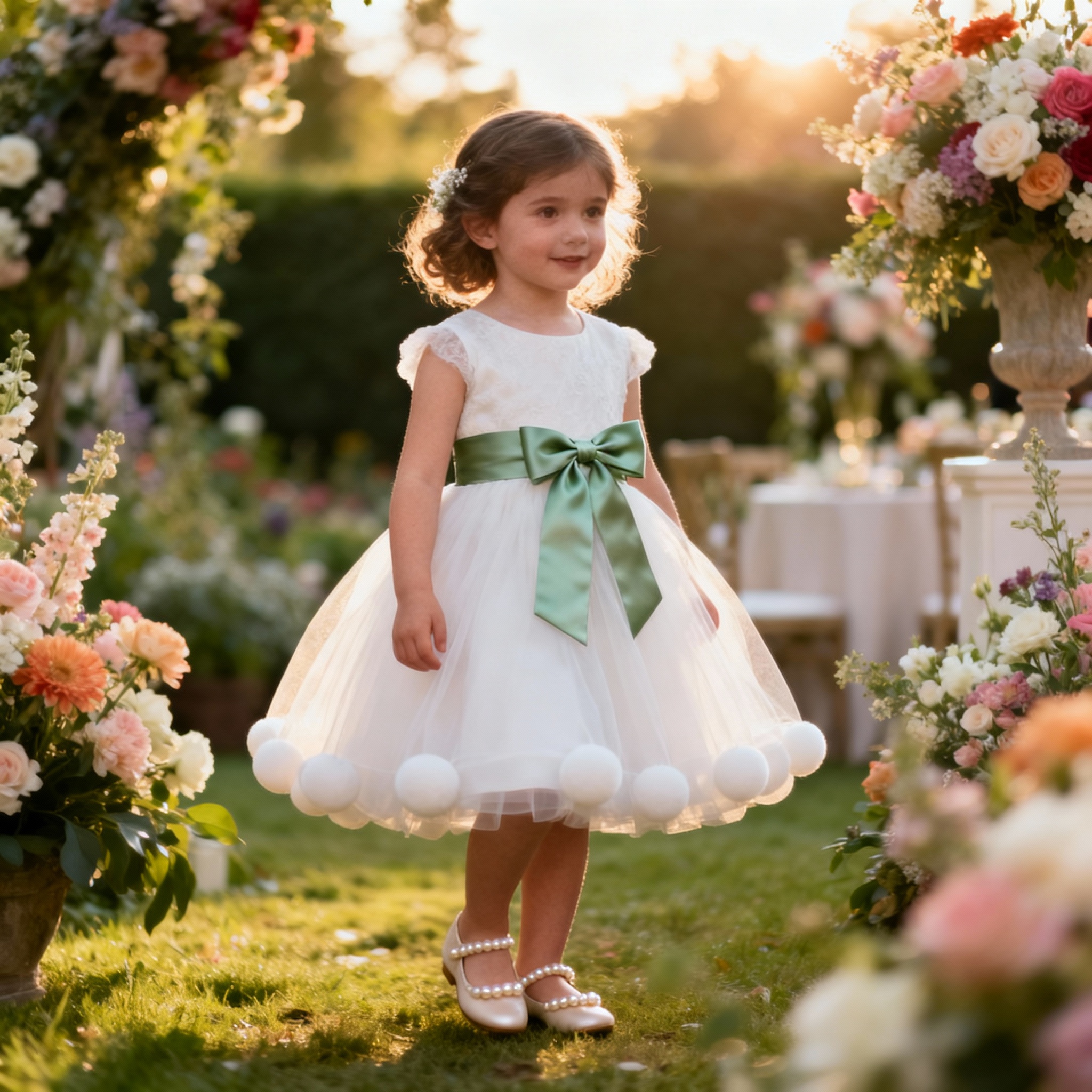 Young flower girl wearing bubble hem white tulle dress with sage green sash