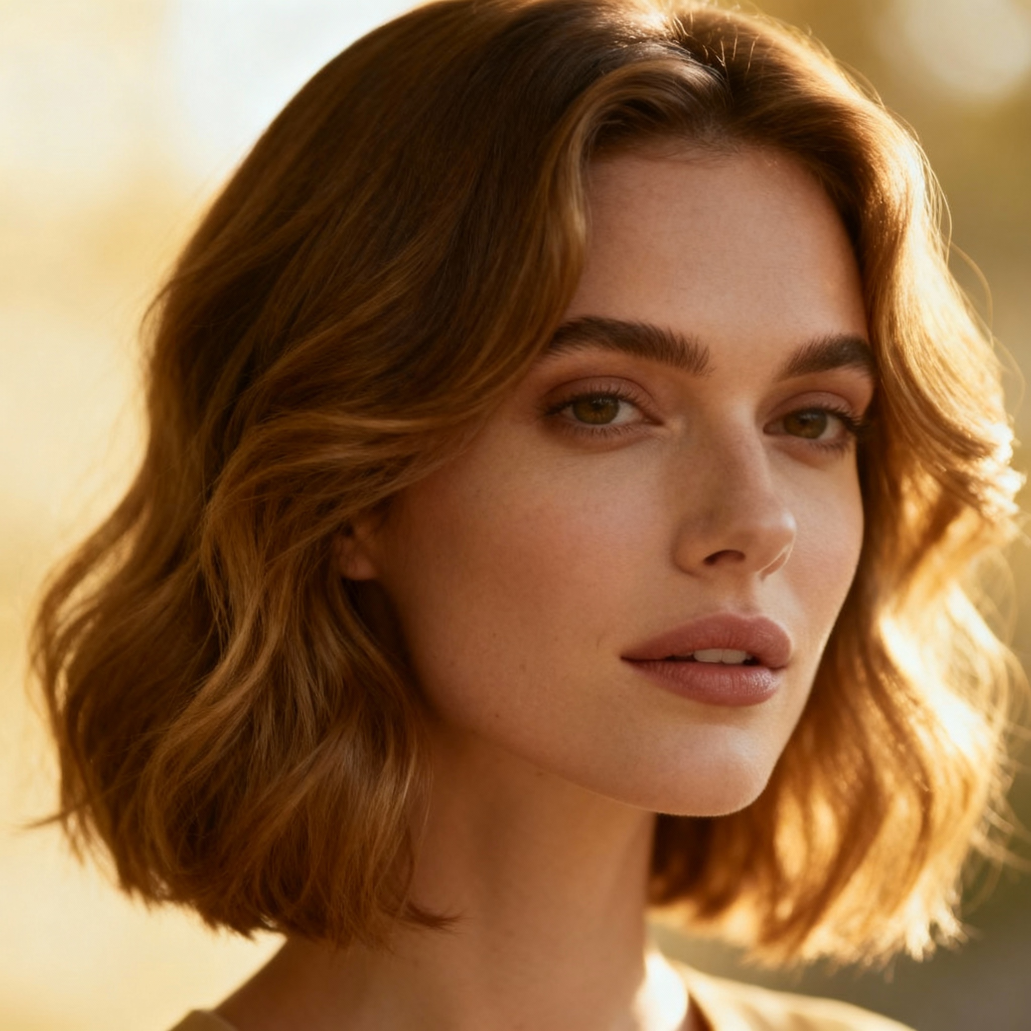 Kobieta z modną fryzurą soft bob do ramion z delikatną falą