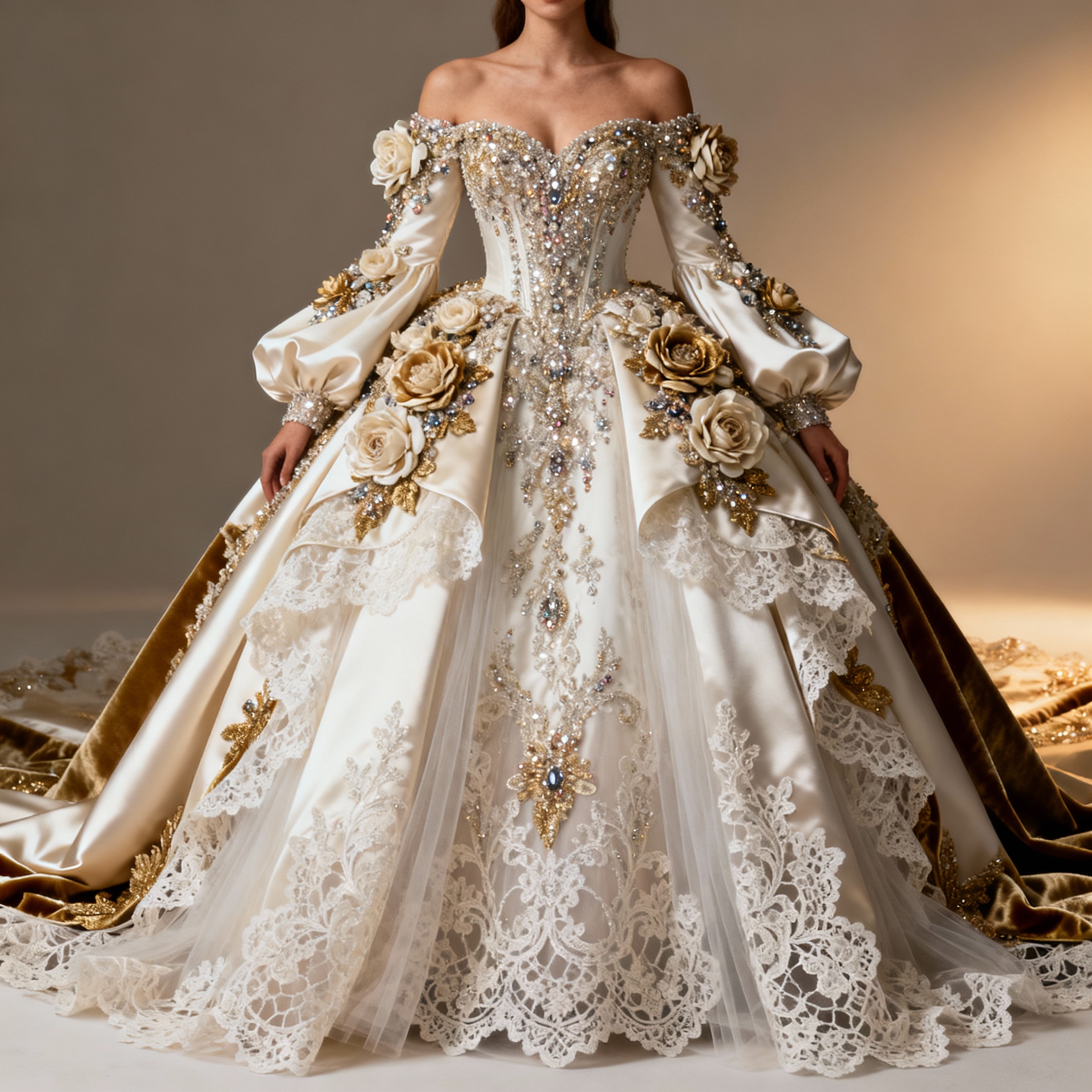 Maximalist bridal gown with elaborate embellishments and dramatic train
