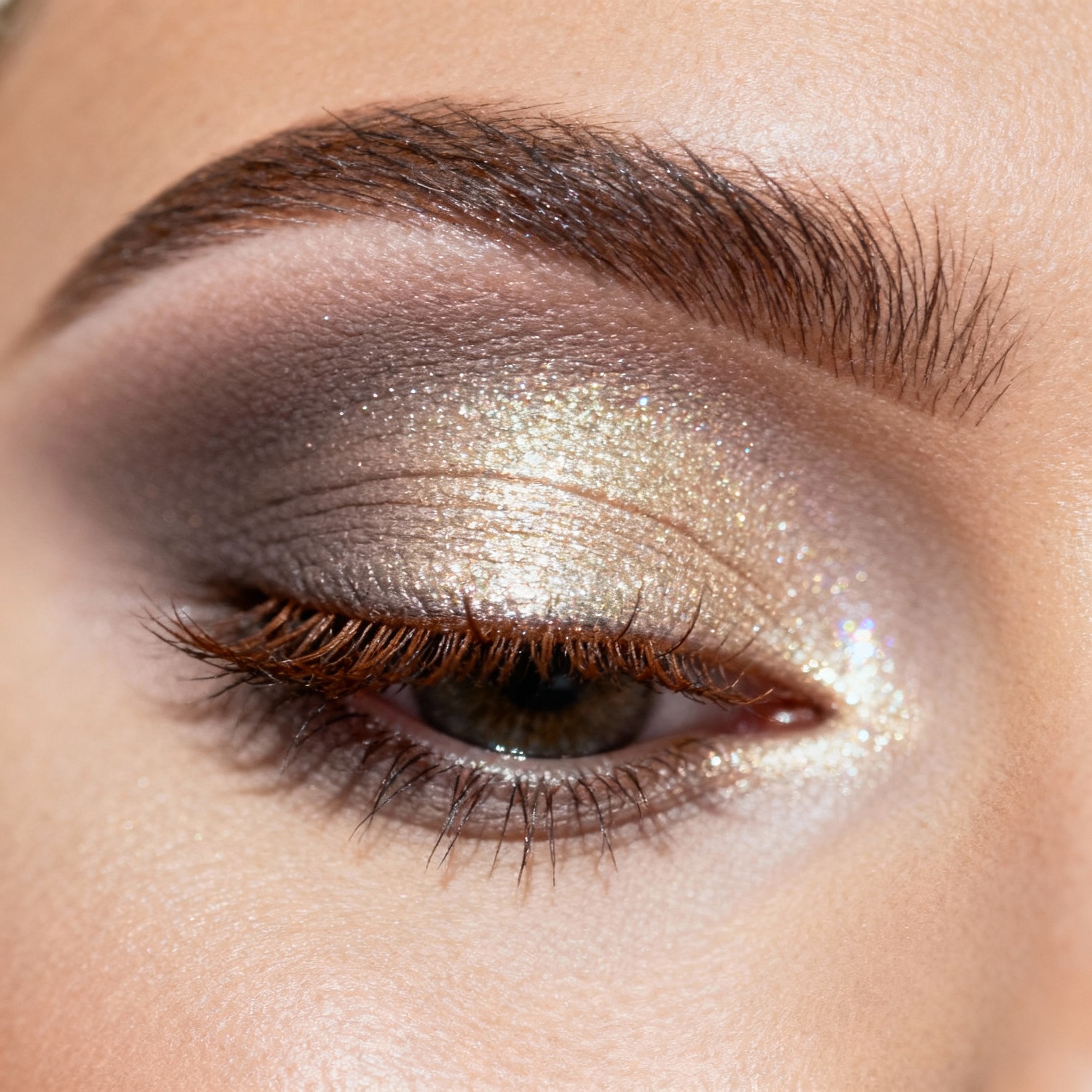 Soft-focus bridal eyes with champagne shimmer and brown liner