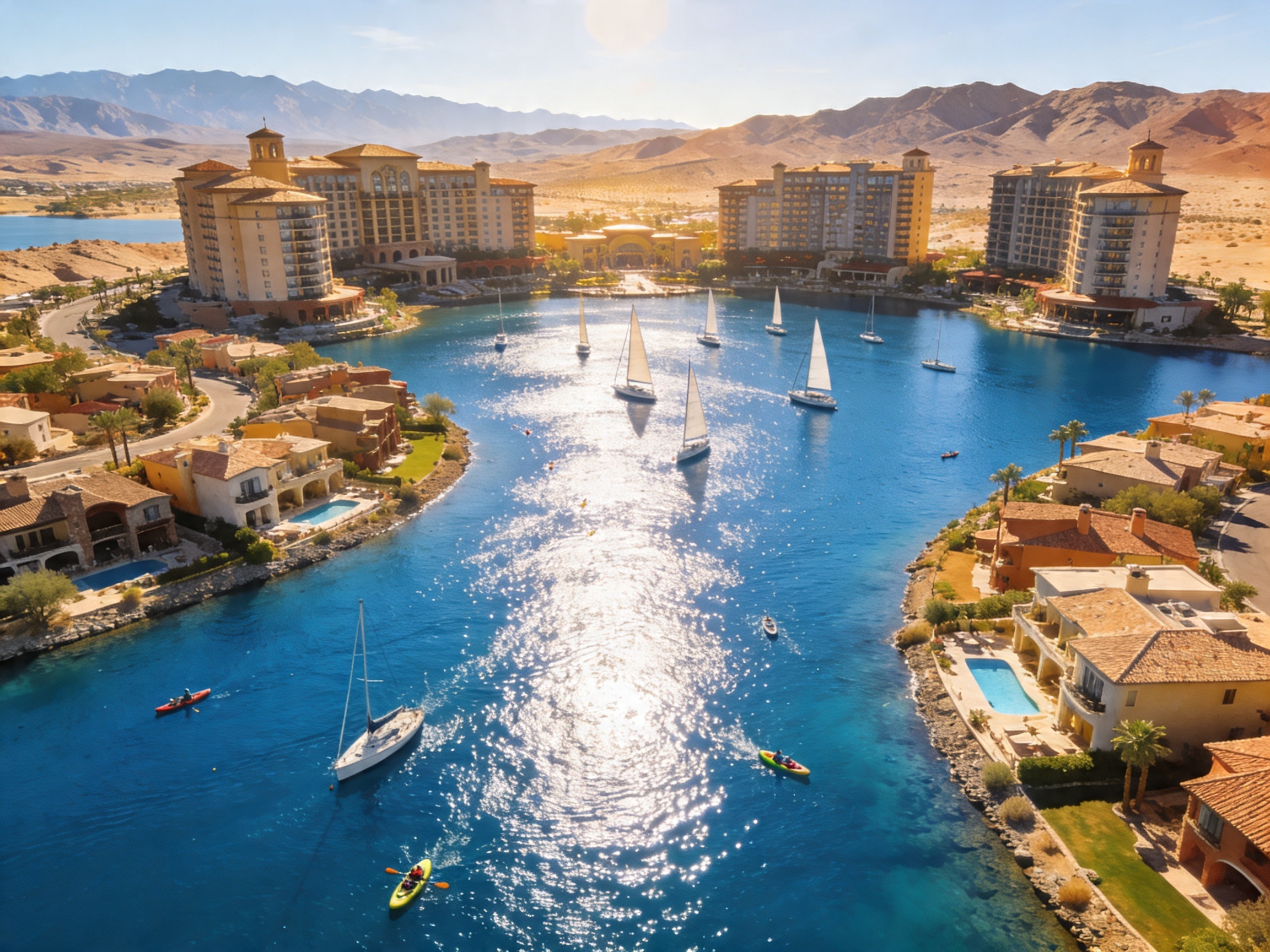 Aerial view of Lake Las Vegas Henderson Nevada showing 320-acre private lake with waterfront luxury homes Mediterranean villas and resort towers on a clear sunny day