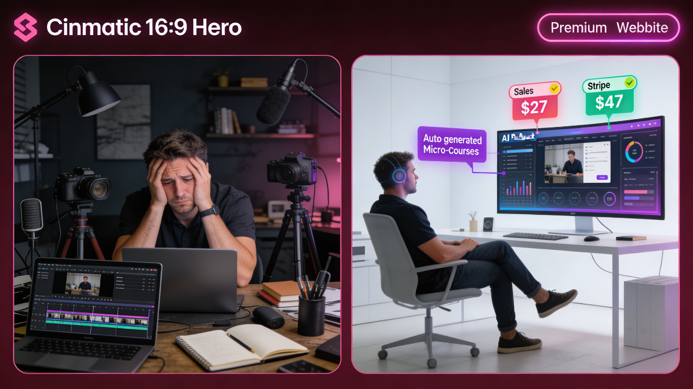 Split-screen of exhausted creator making courses manually vs relaxed creator watching AI dashboard auto-generate micro-courses and Stripe $27/$47 sales.