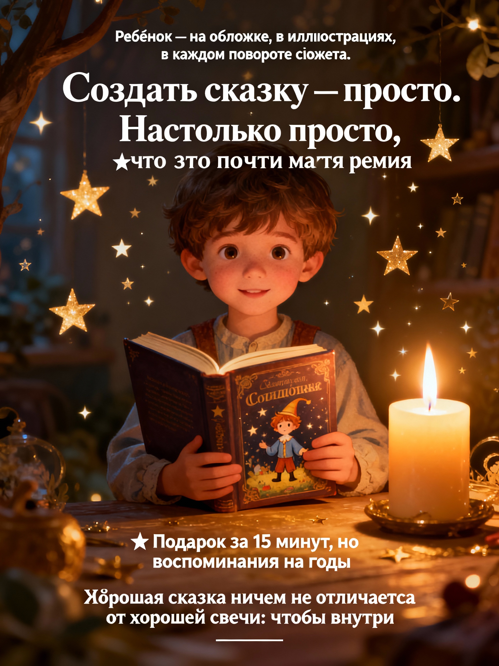 Рекламный постер персонализированных сказок с метафорой свечи.