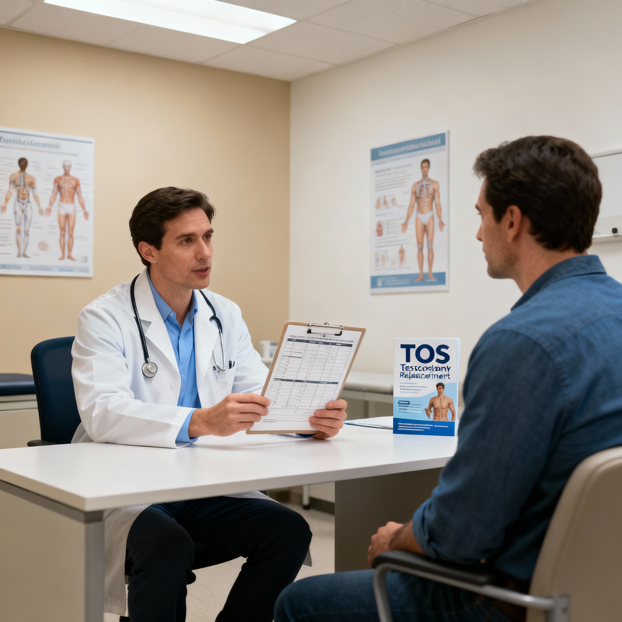 Testosterone Dopo i 40 Anni Medico che consulta paziente over 40 su terapia ormonale sostitutiva testosterone personalizzata con monitoraggio