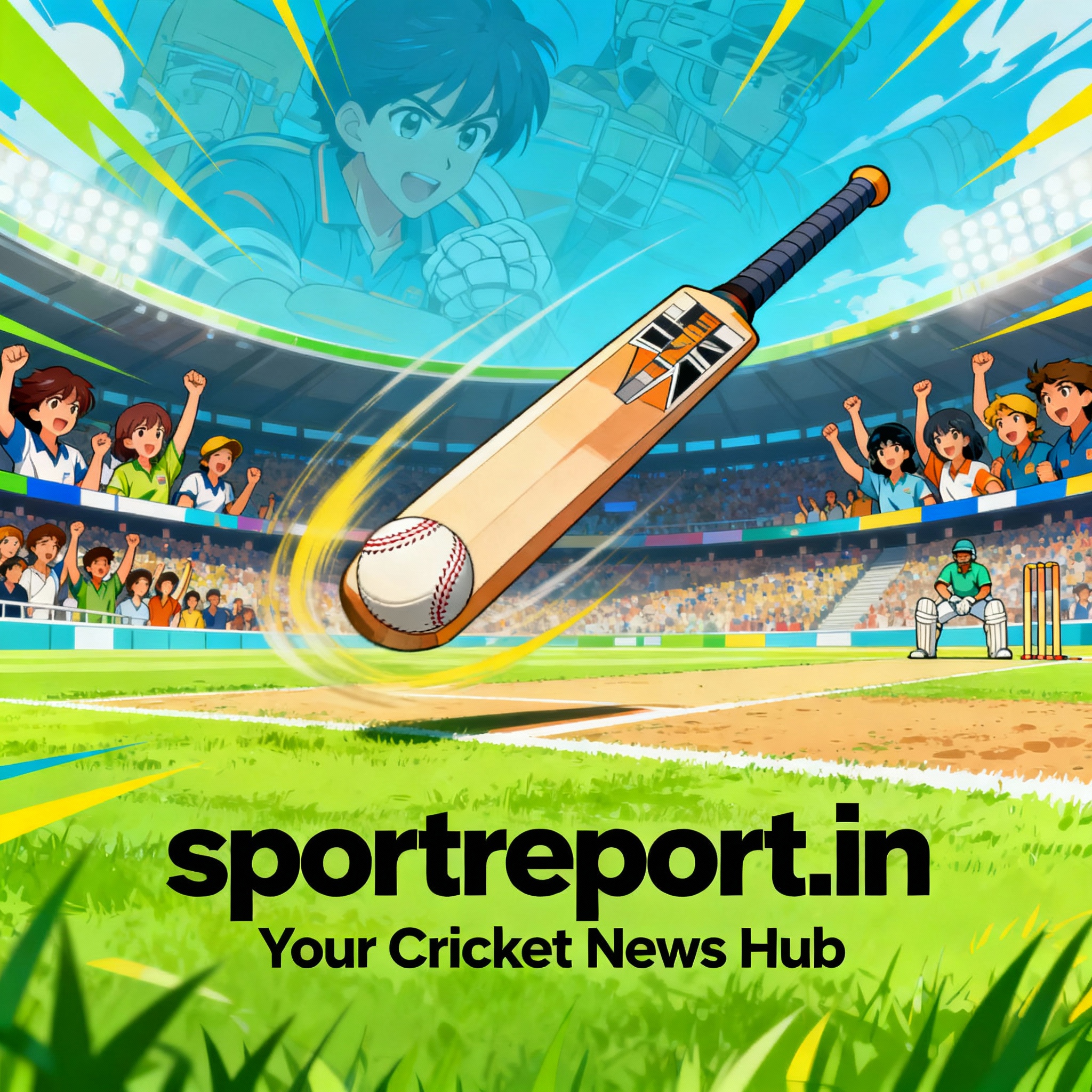Anime-style cricket ad poster for sportreport.in