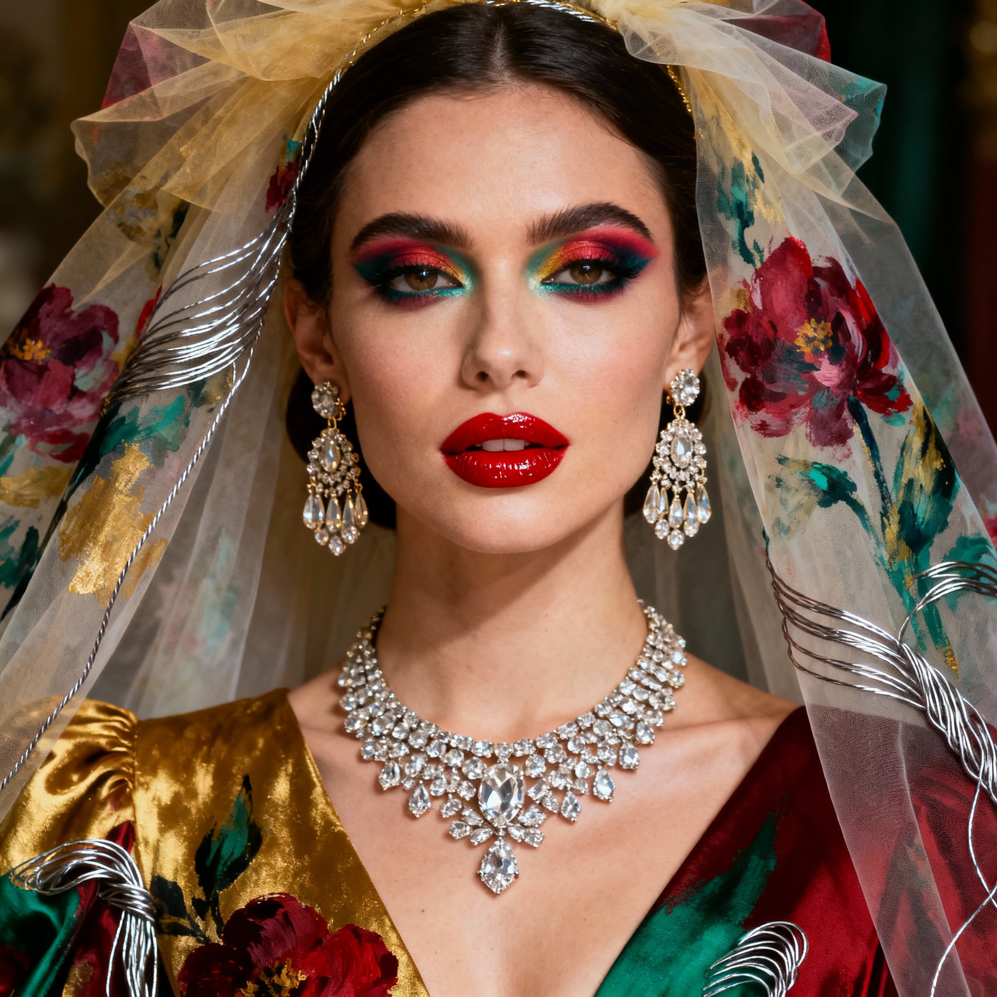 Extravagant maximalist wedding look with bold makeup and statement jewelry
