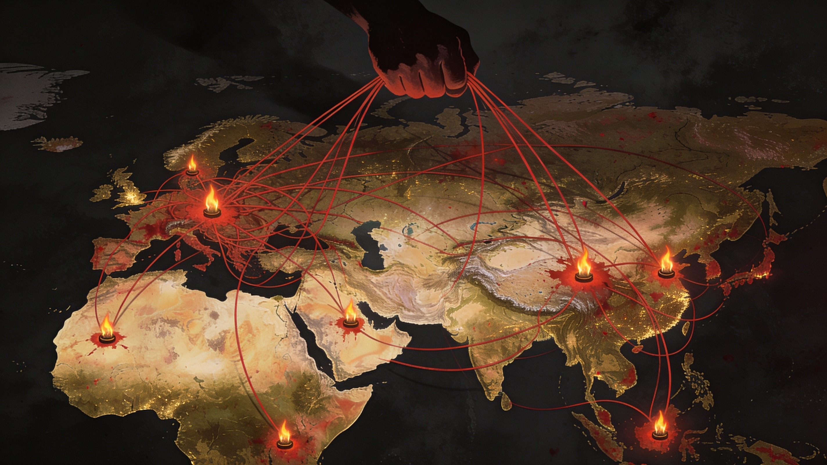 Strategic chaos theory illustration: tangled conflict zones across a global map with an invisible hand