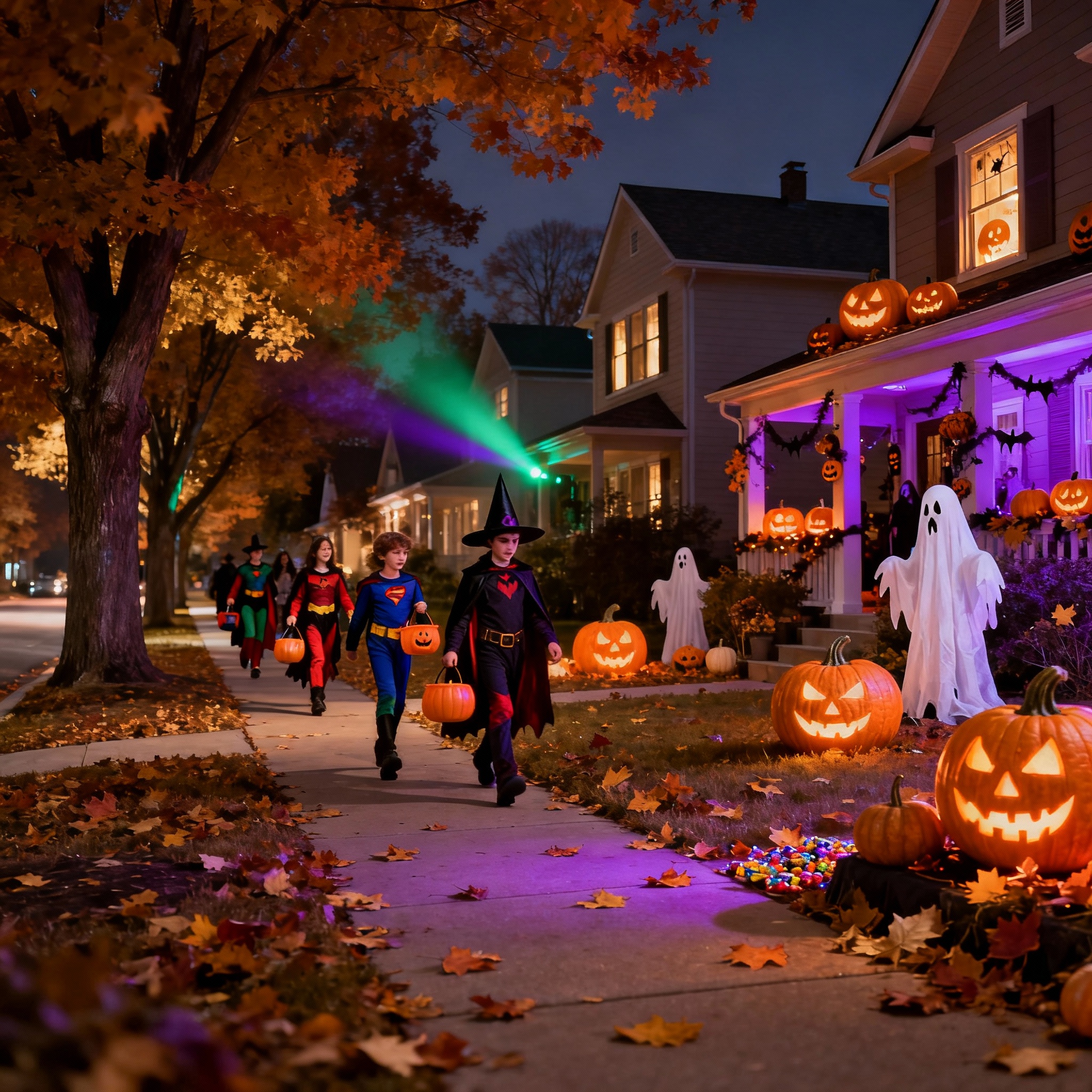 Enterprise Nevada Halloween neighborhoods featuring decorated homes with spooky lights jack-o-lanterns trick-or-treaters in costumes walking suburban streets with Halloween decorations