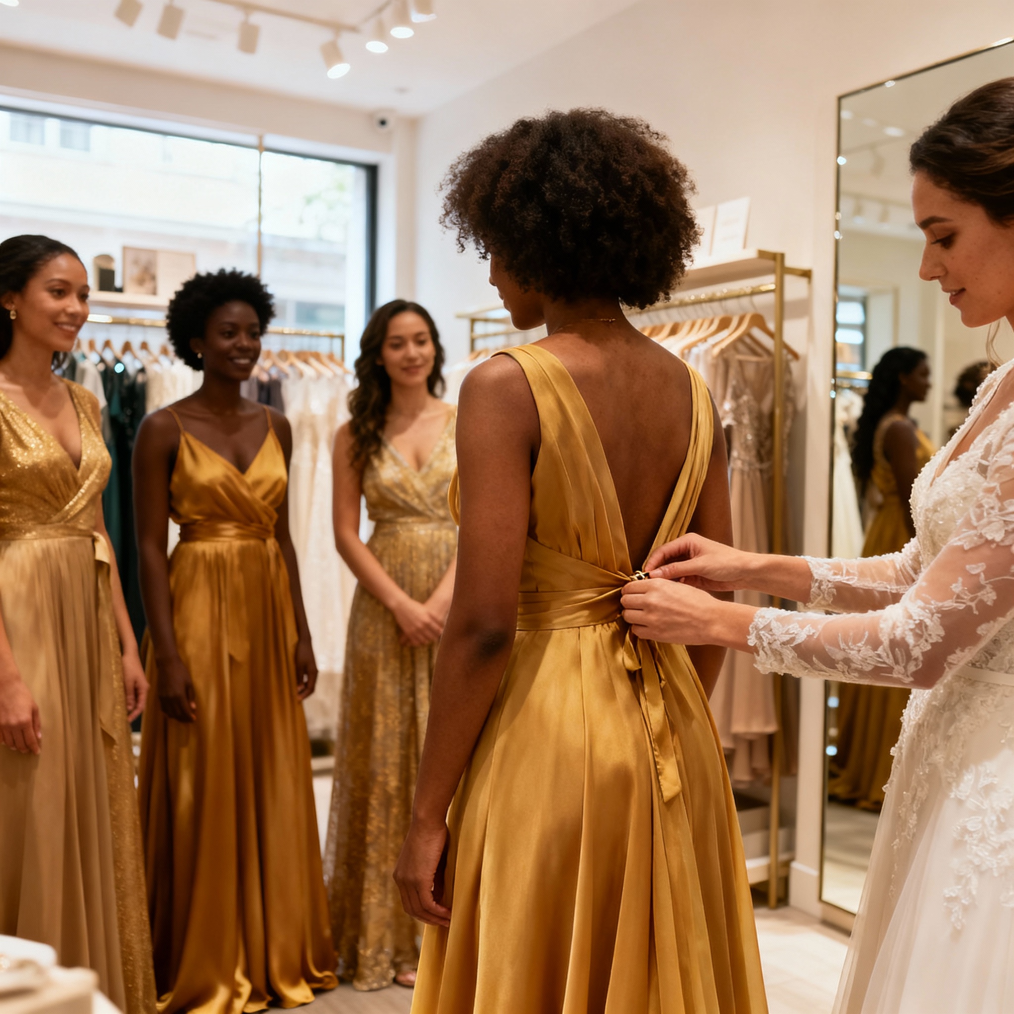 Bride coordinating bridesmaids' dress styles and colors for a cohesive wedding party look