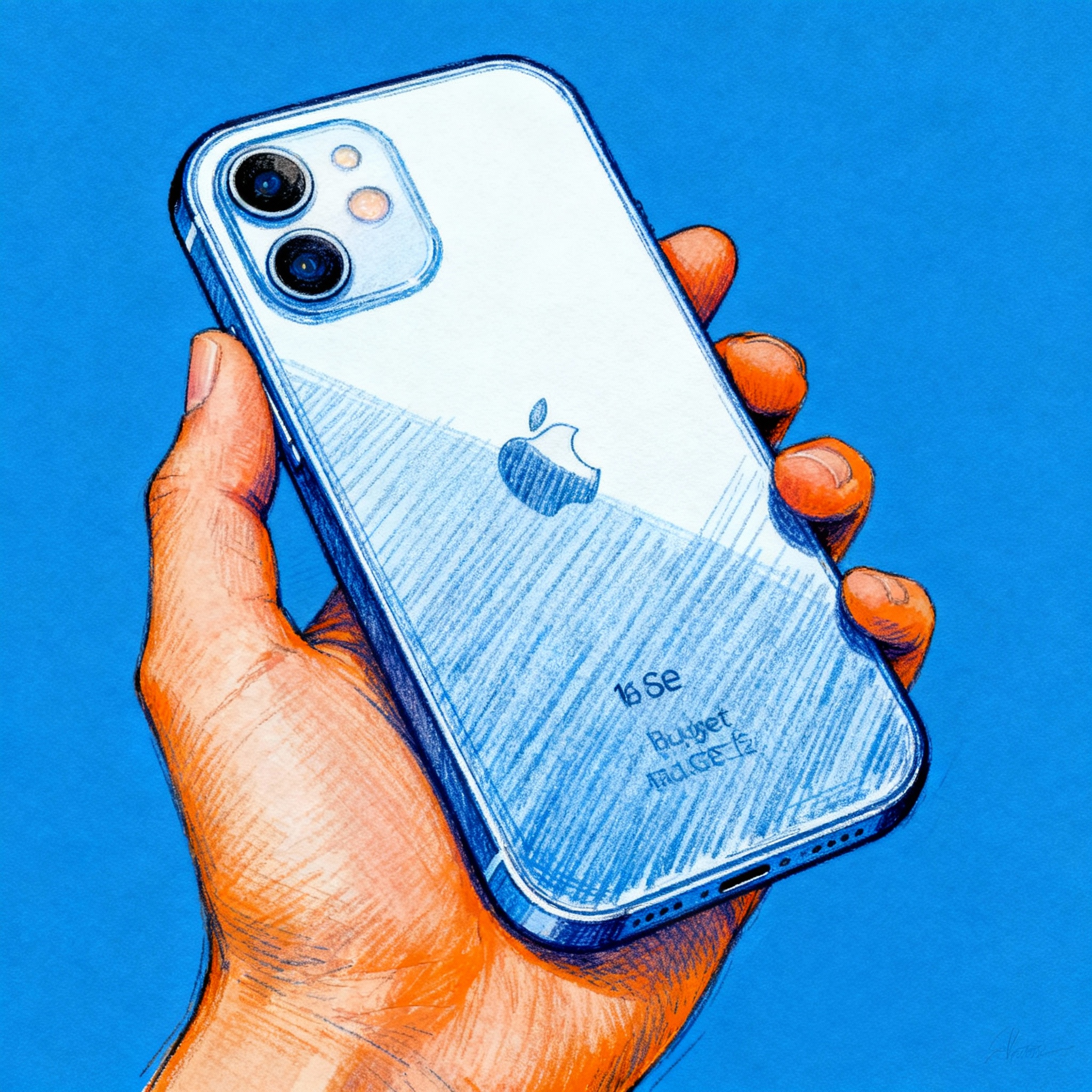iPhone 16 SE budget family phone in hand, sketch style