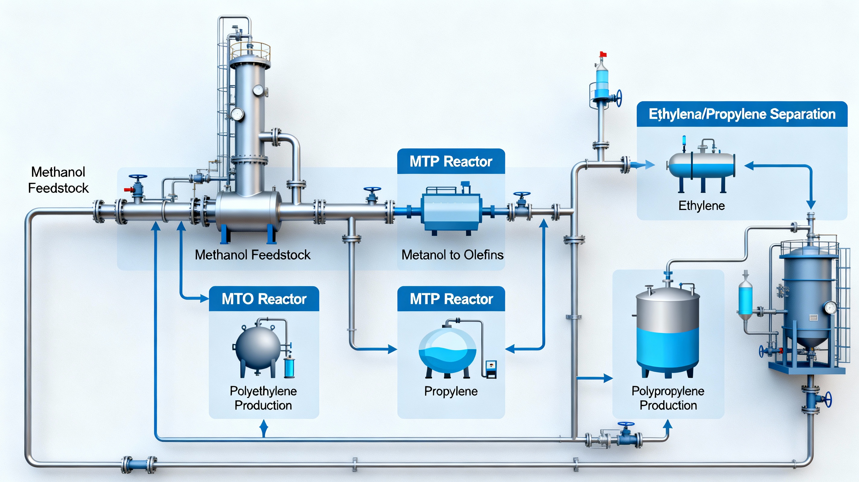 MTO/MTP process converting methanol to high-value polymers and chemical feedstocks