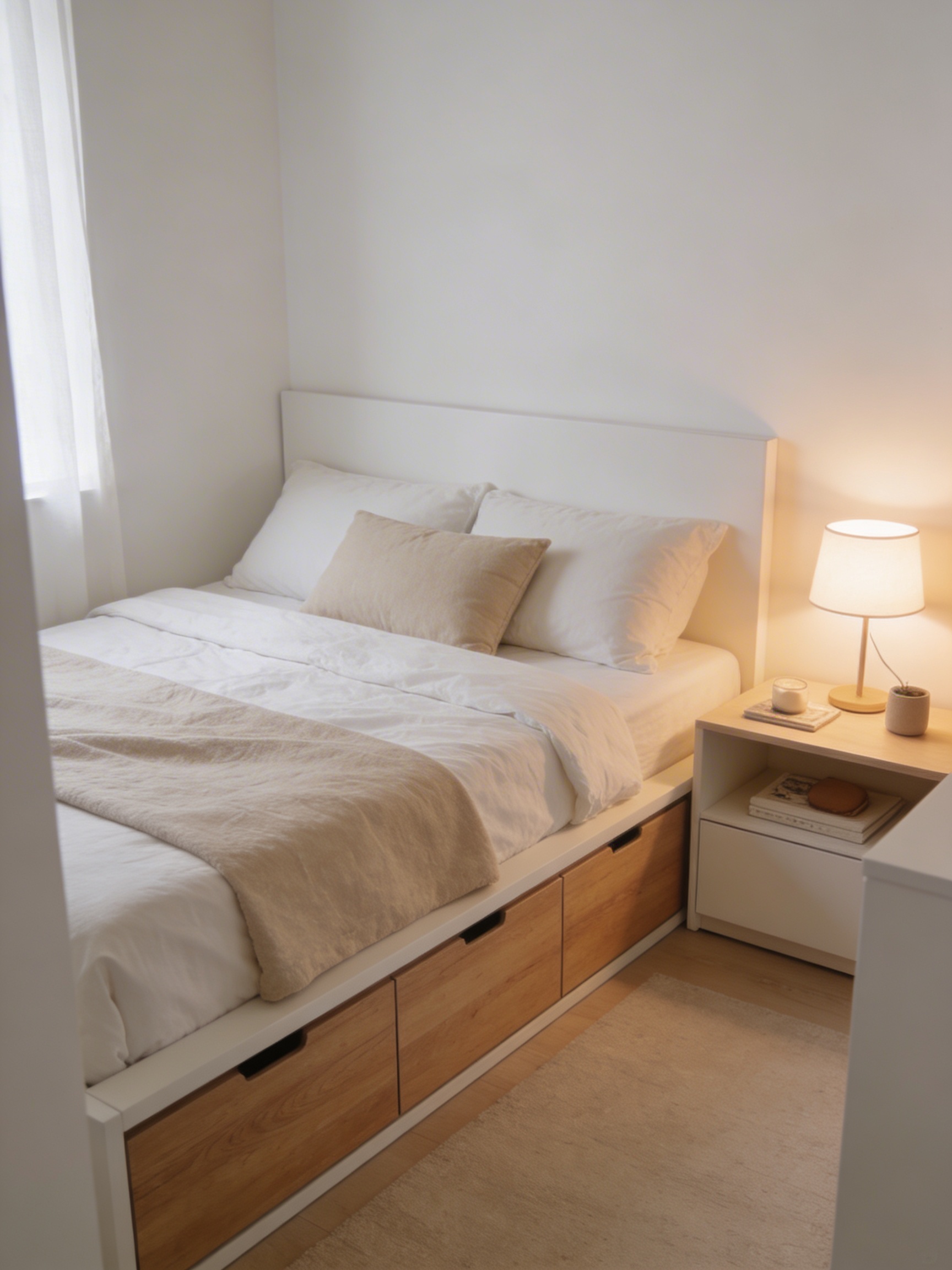 Small modern bedroom with storage bed drawers underneath and neutral bedding