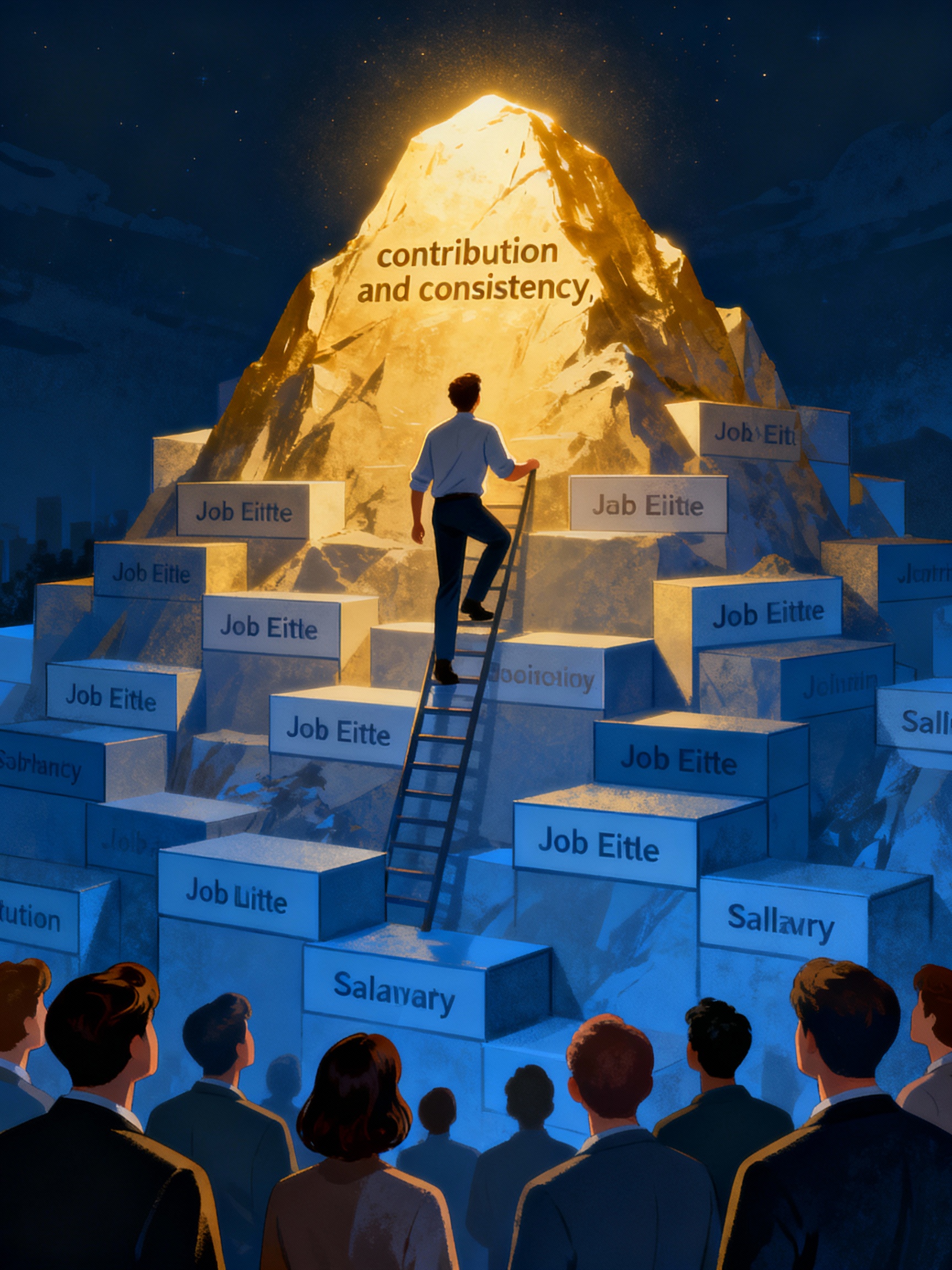 A person leaving a crowd focused on titles and money to climb a mountain labeled contribution and consistency.