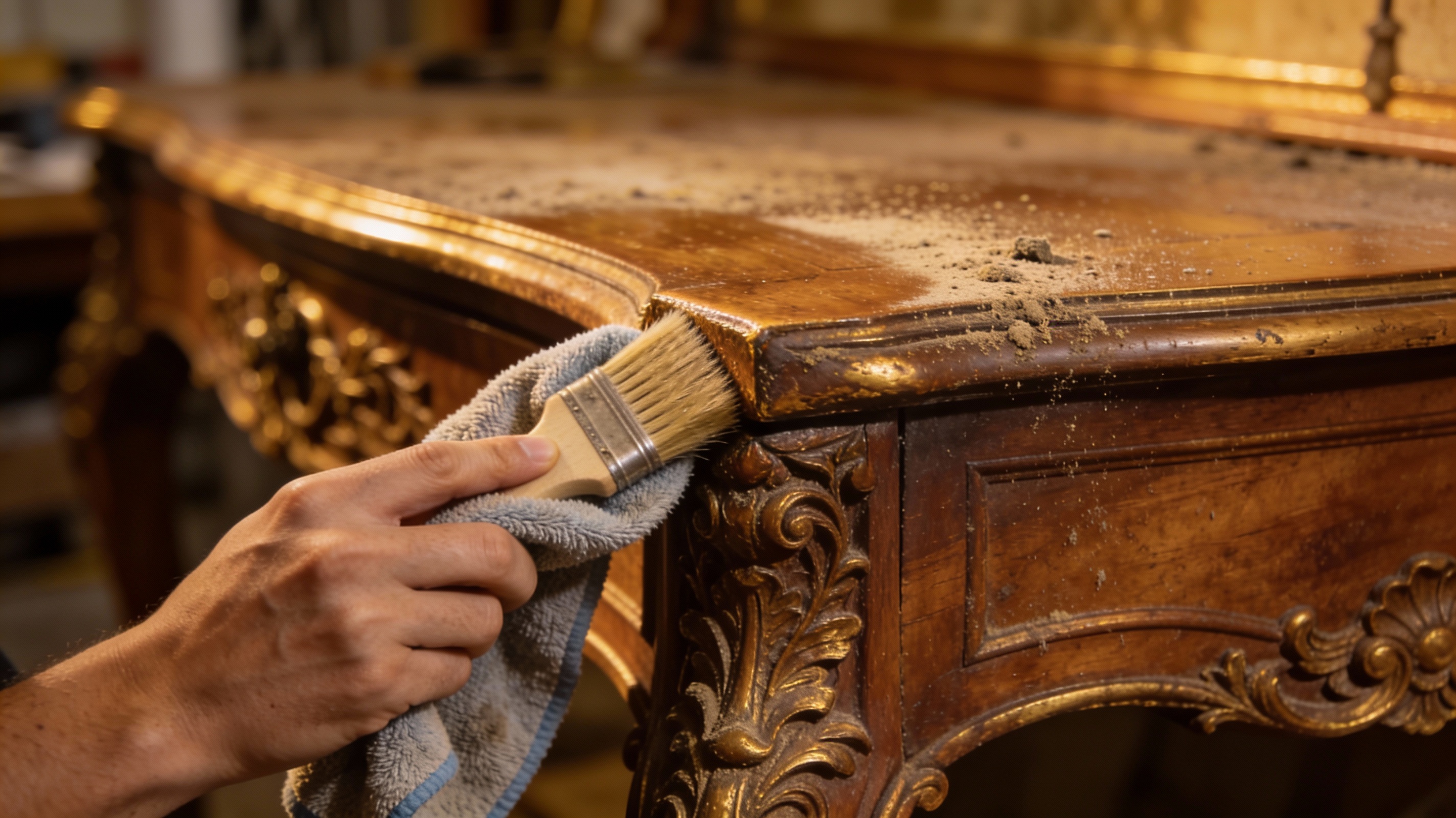 Technique de dépoussiérage délicat sur les détails sculptés