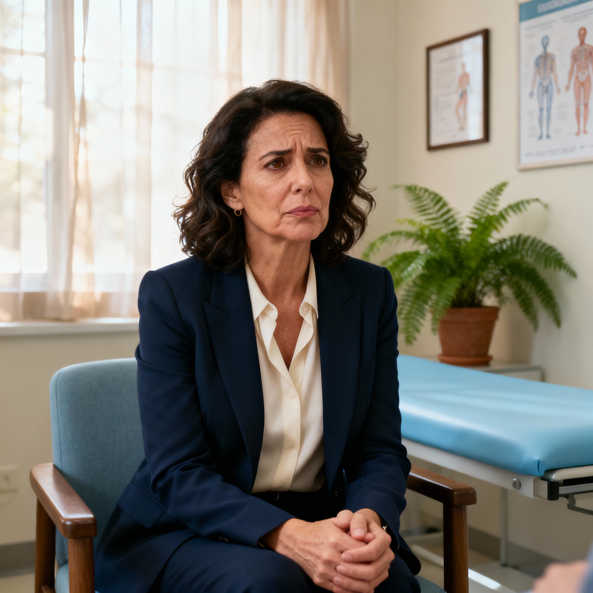 Segnali d’Allarme Donna 50-55 anni preoccupata che consulta un medico per menopausa in ambulatorio