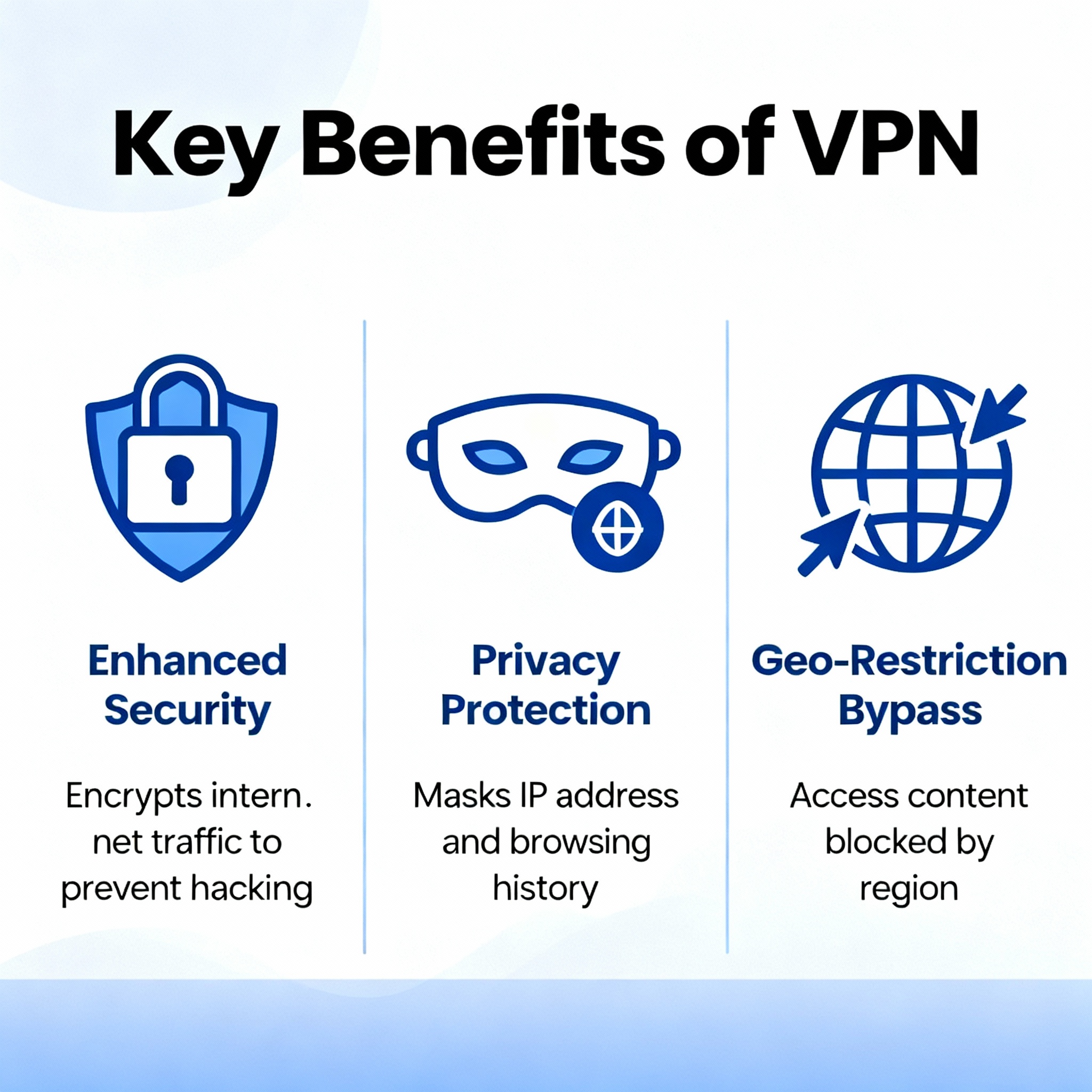 VPN key benefits infographic with security, privacy, and geo-bypass