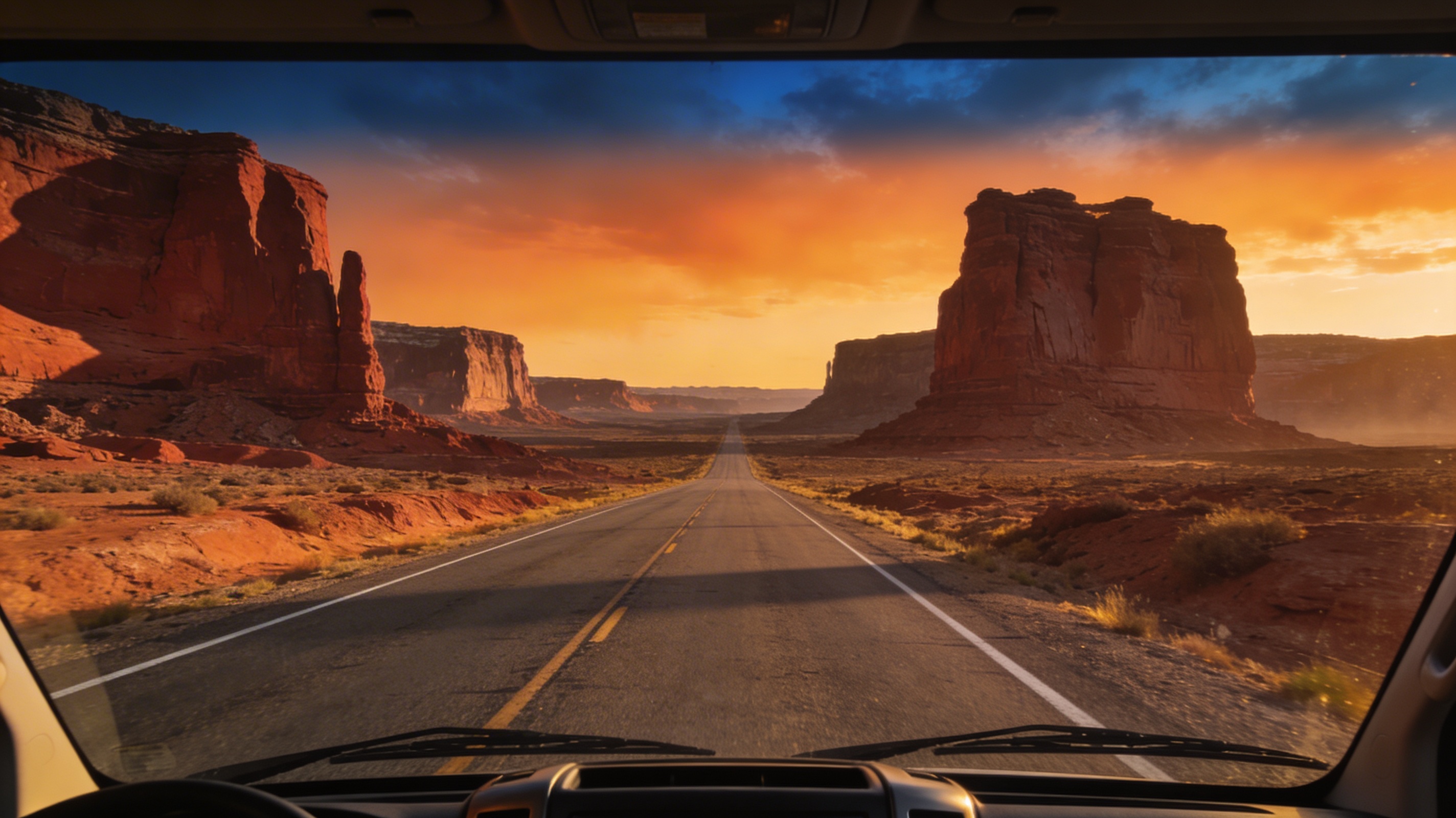 Desert highway at golden hour seen through a campervan windshield