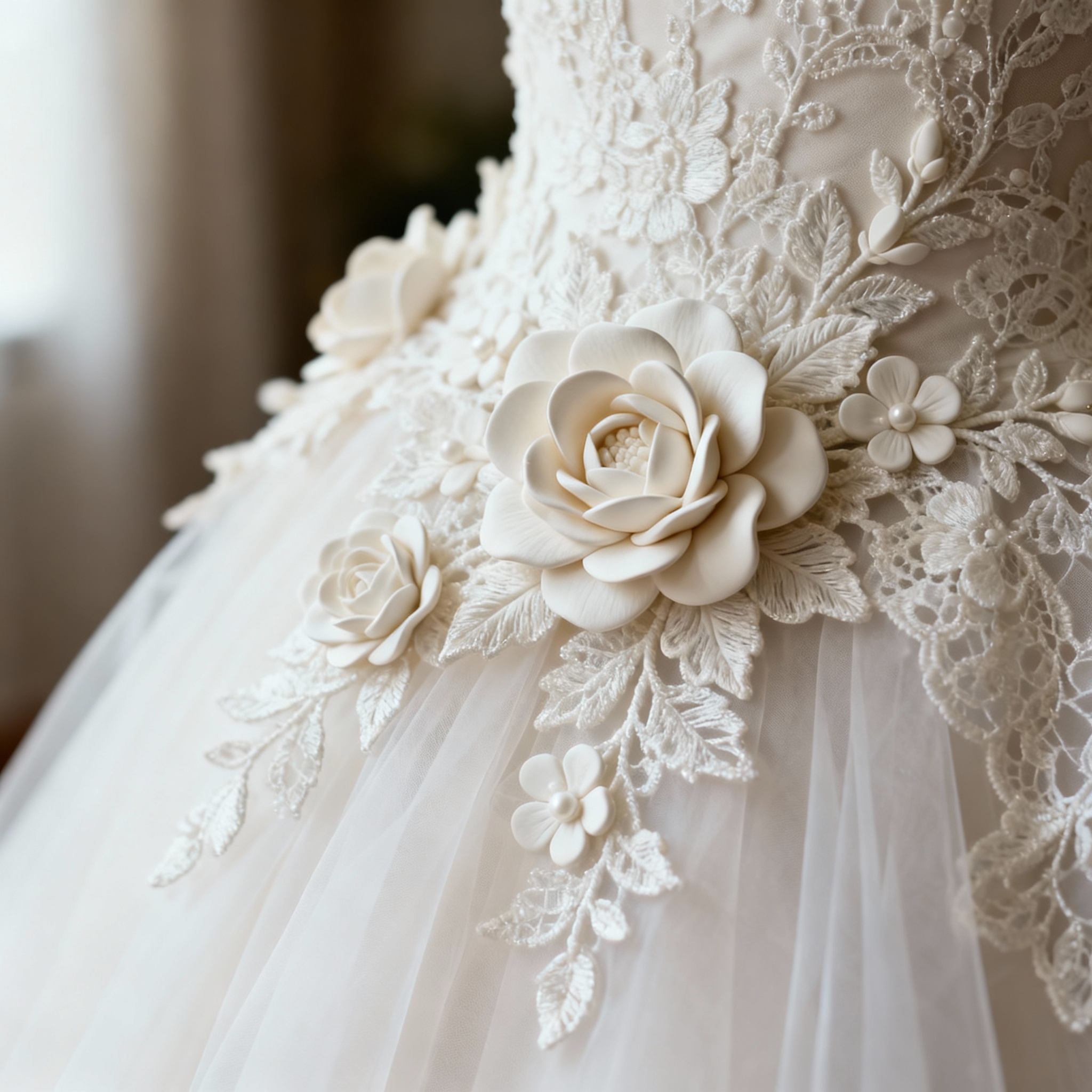 Macro of 3D floral appliqués in ivory lace and organza.