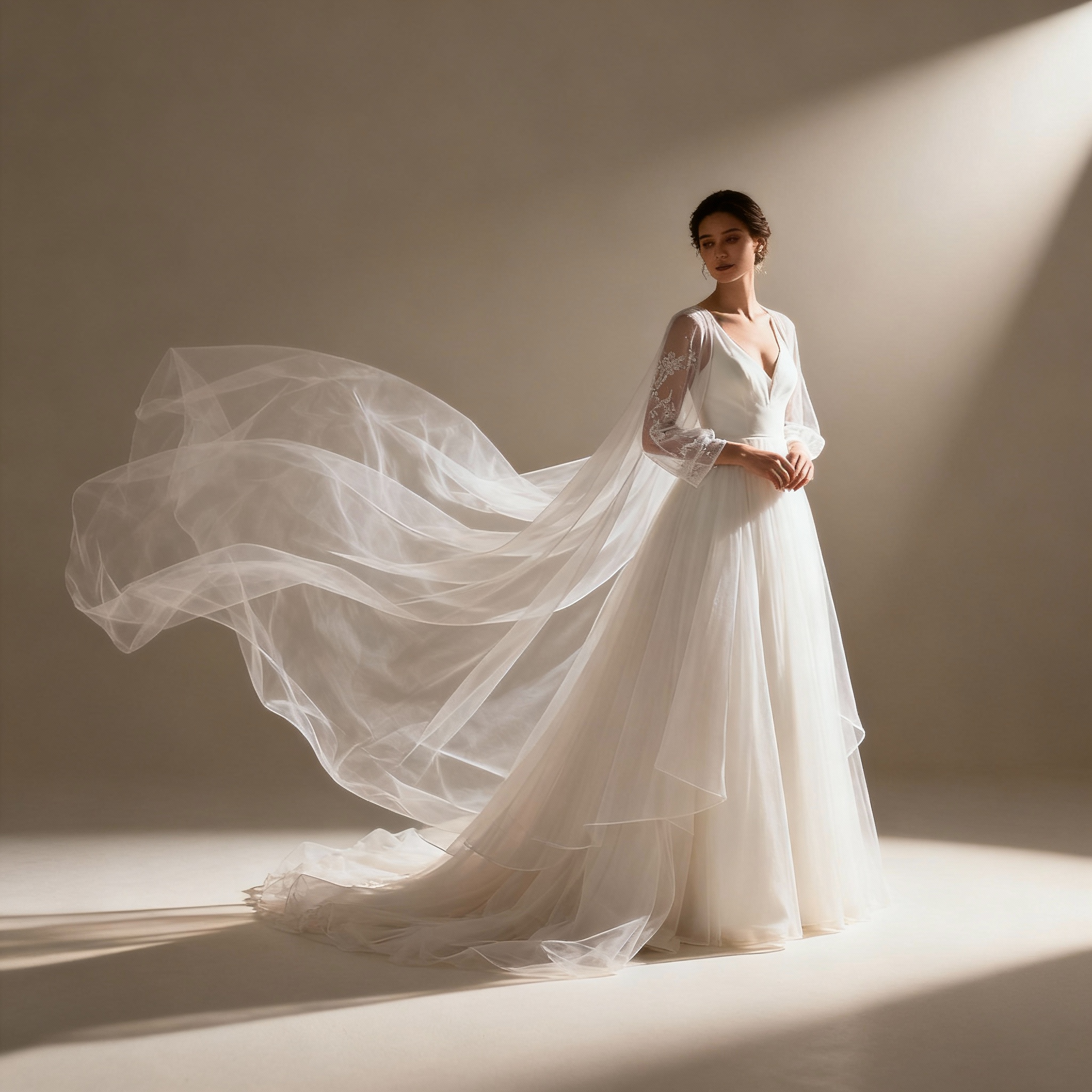 Convertible wedding dress with detachable overskirt and sleeves for ceremony look.
